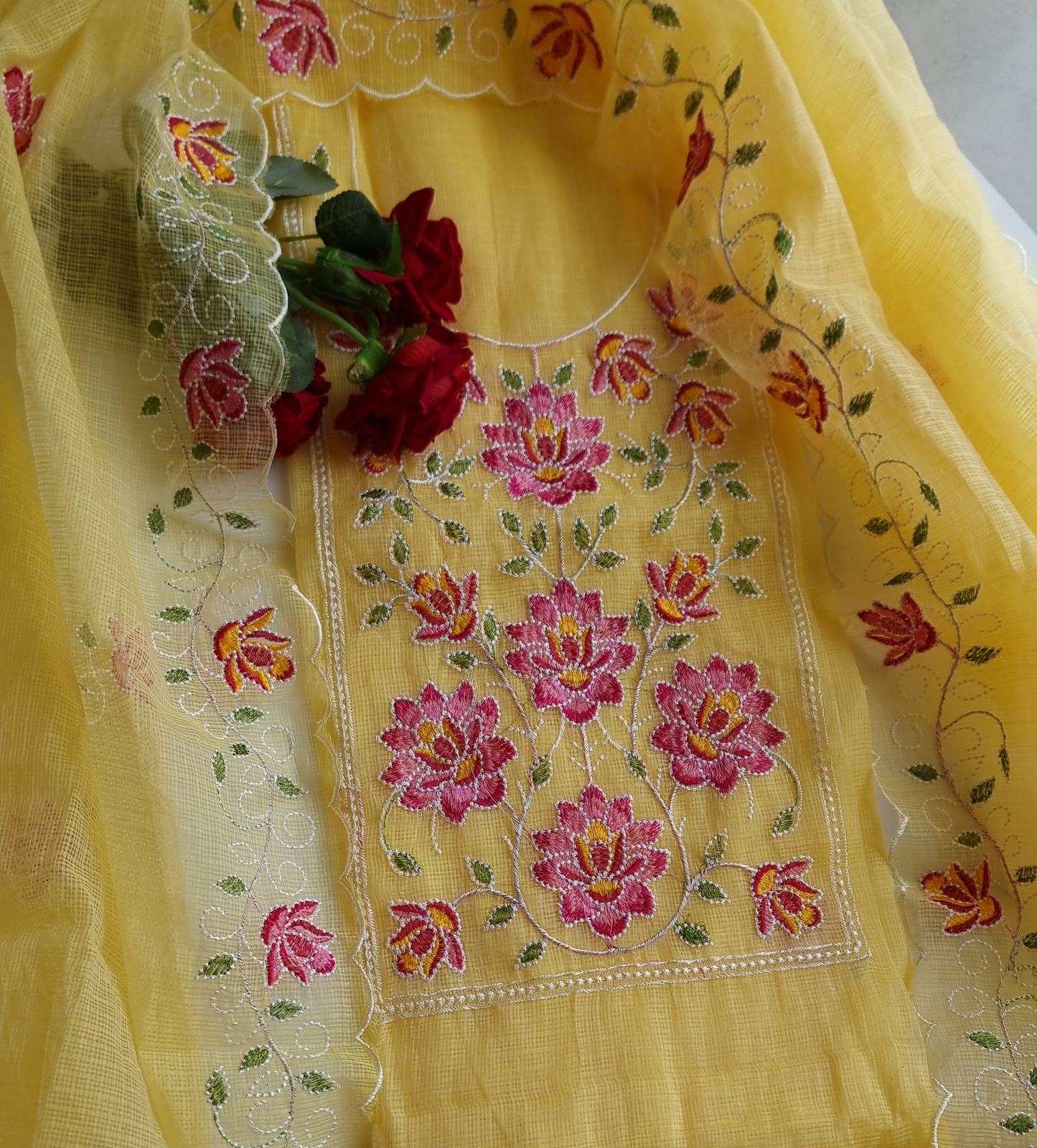 Yellow Kotta embroidered kurta dupatta set Unstitched