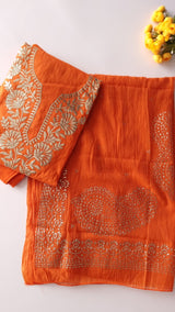 Orange Mul Chanderi dress material with pitta and mukaish work