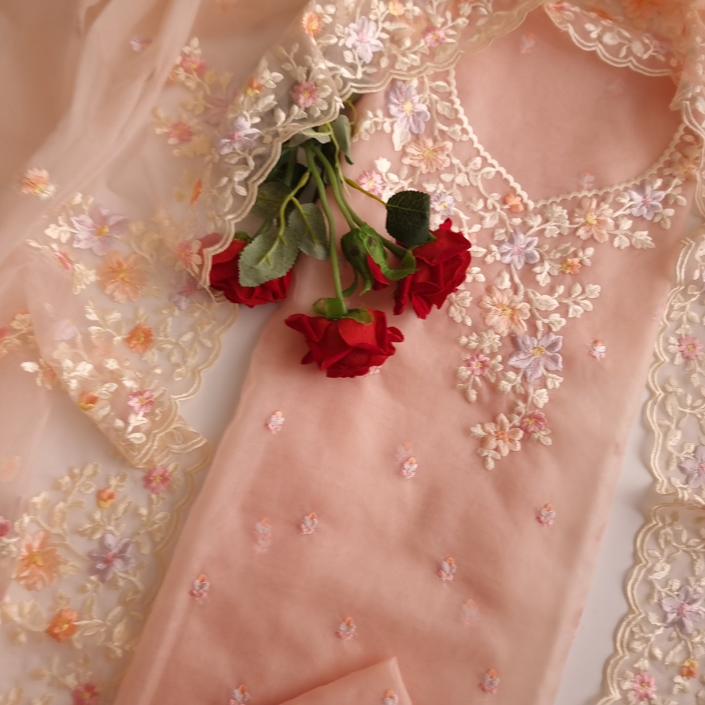 Peach Pink Parsi Embroidery on tissue fabric Unstitched Suit Material - 3 Piece set for women