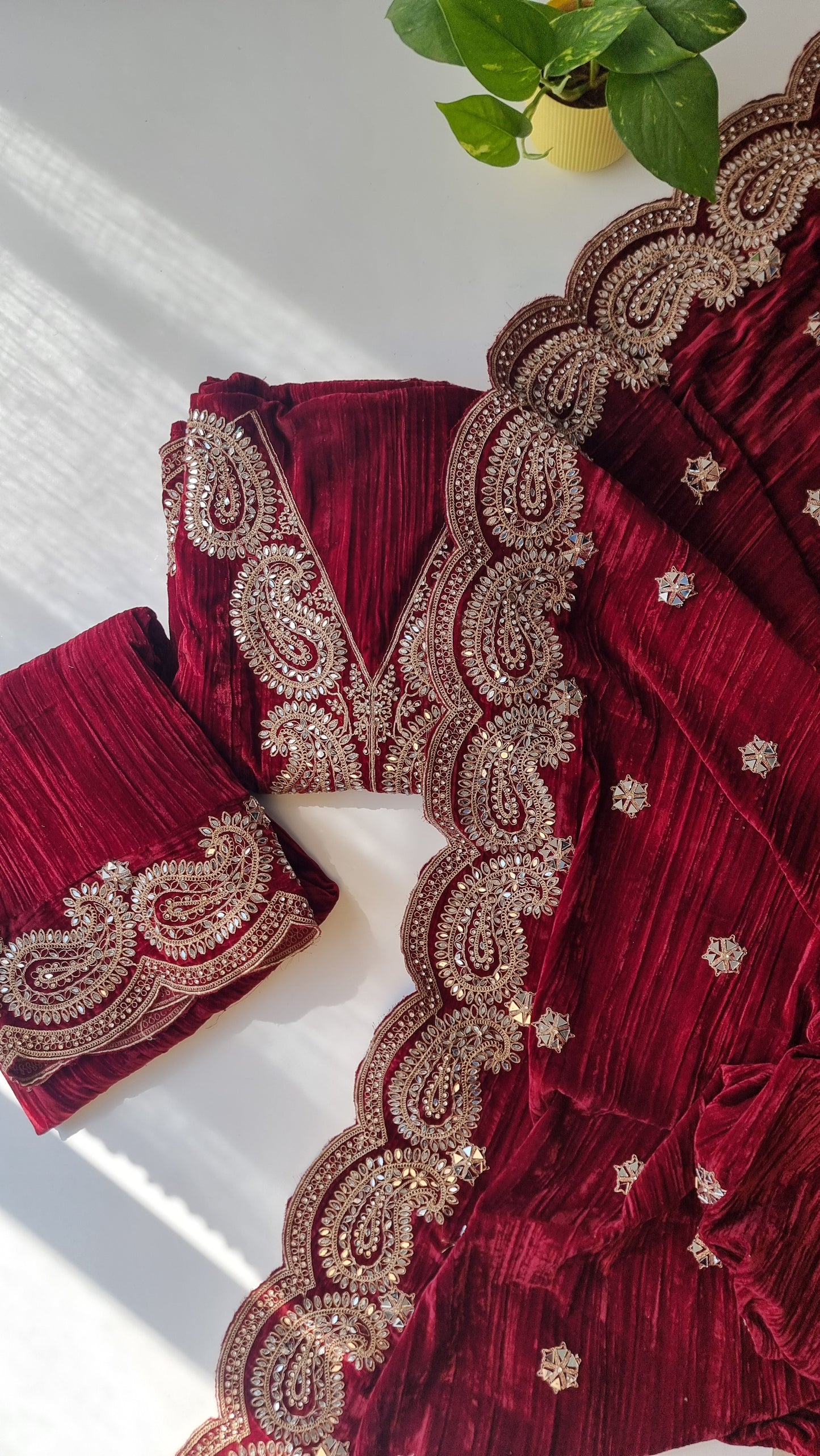 Crush Velvet mirror work party wear unstitched suit set