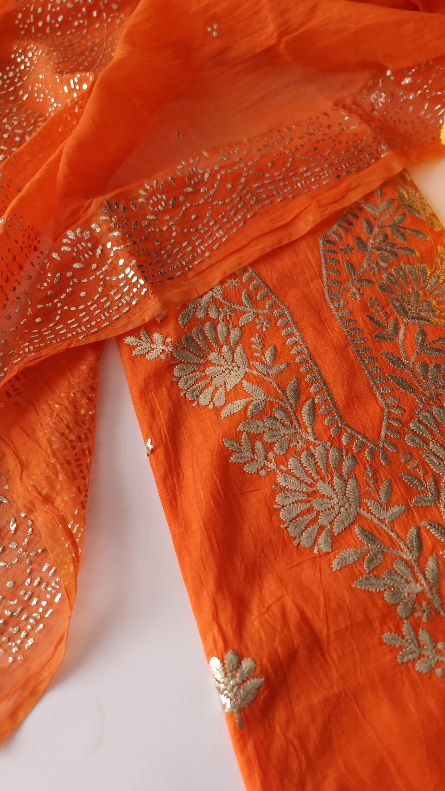 Orange Mul Chanderi dress material with pitta and mukaish work