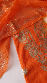 Orange Mul Chanderi dress material with pitta and mukaish work