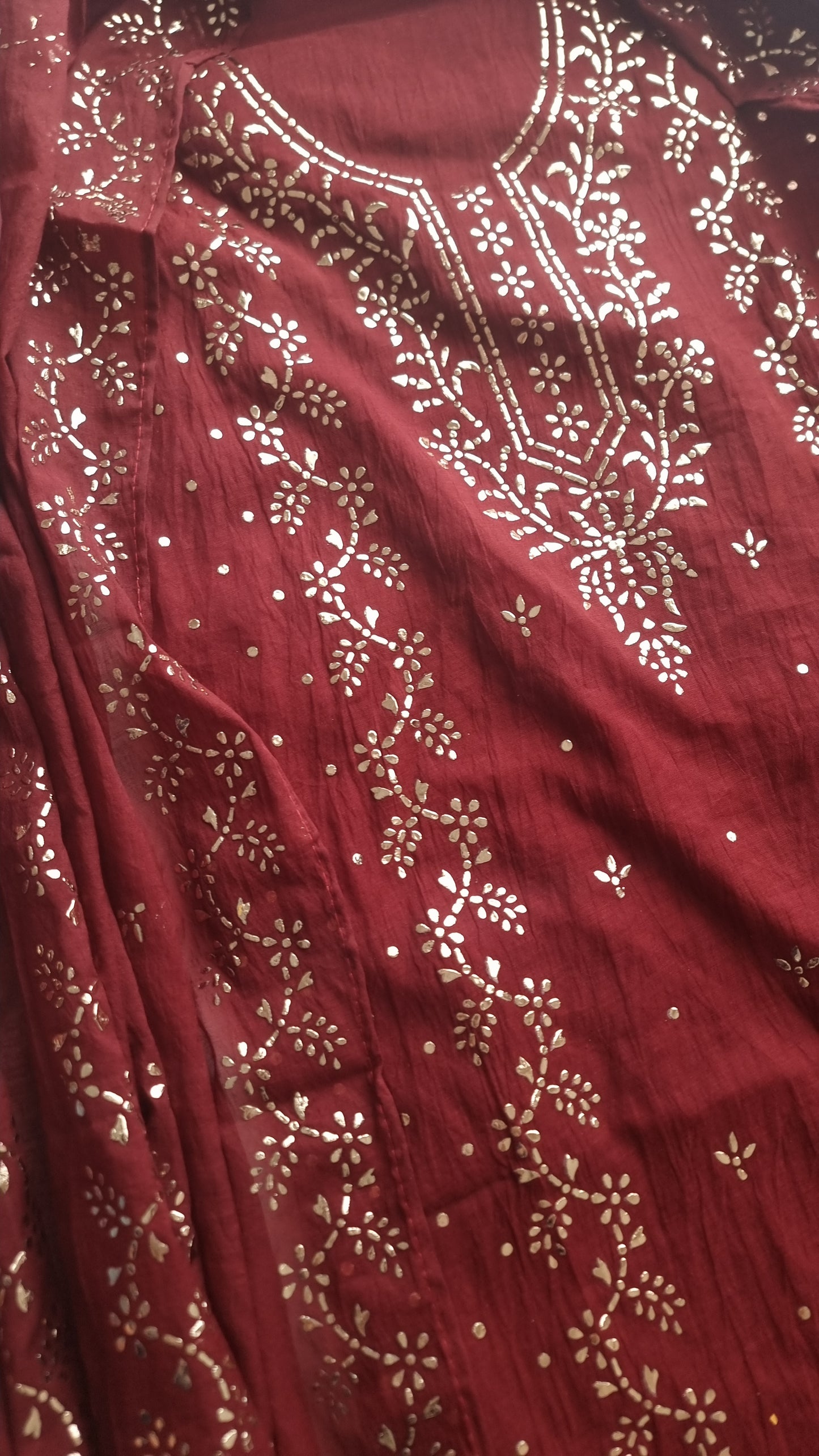 Maroon Mul Chanderi dress material with  Pasted mukaish work