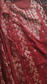 Maroon Mul Chanderi dress material with  Pasted mukaish work