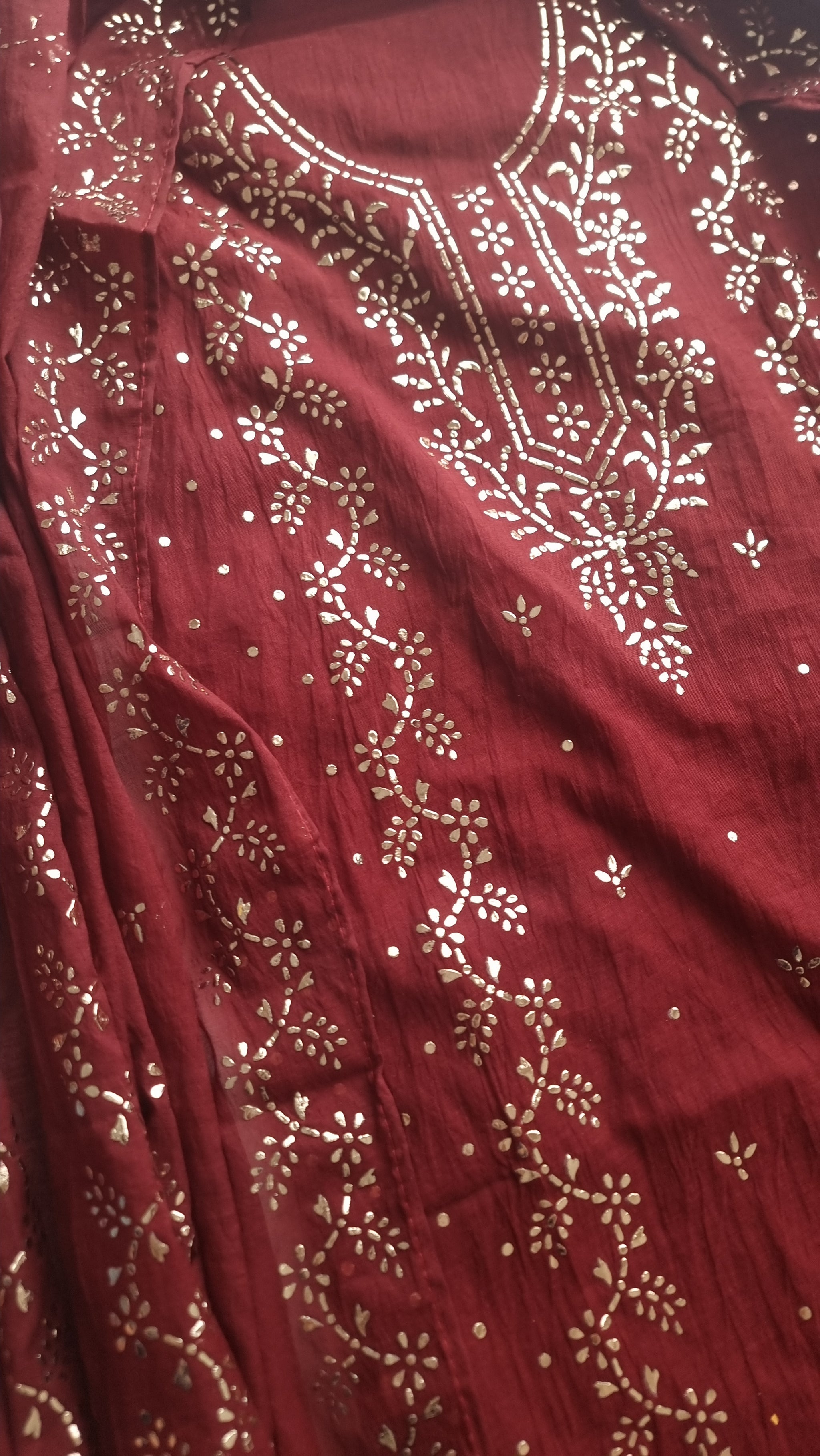 Maroon Mul Chanderi dress material with  Pasted mukaish work