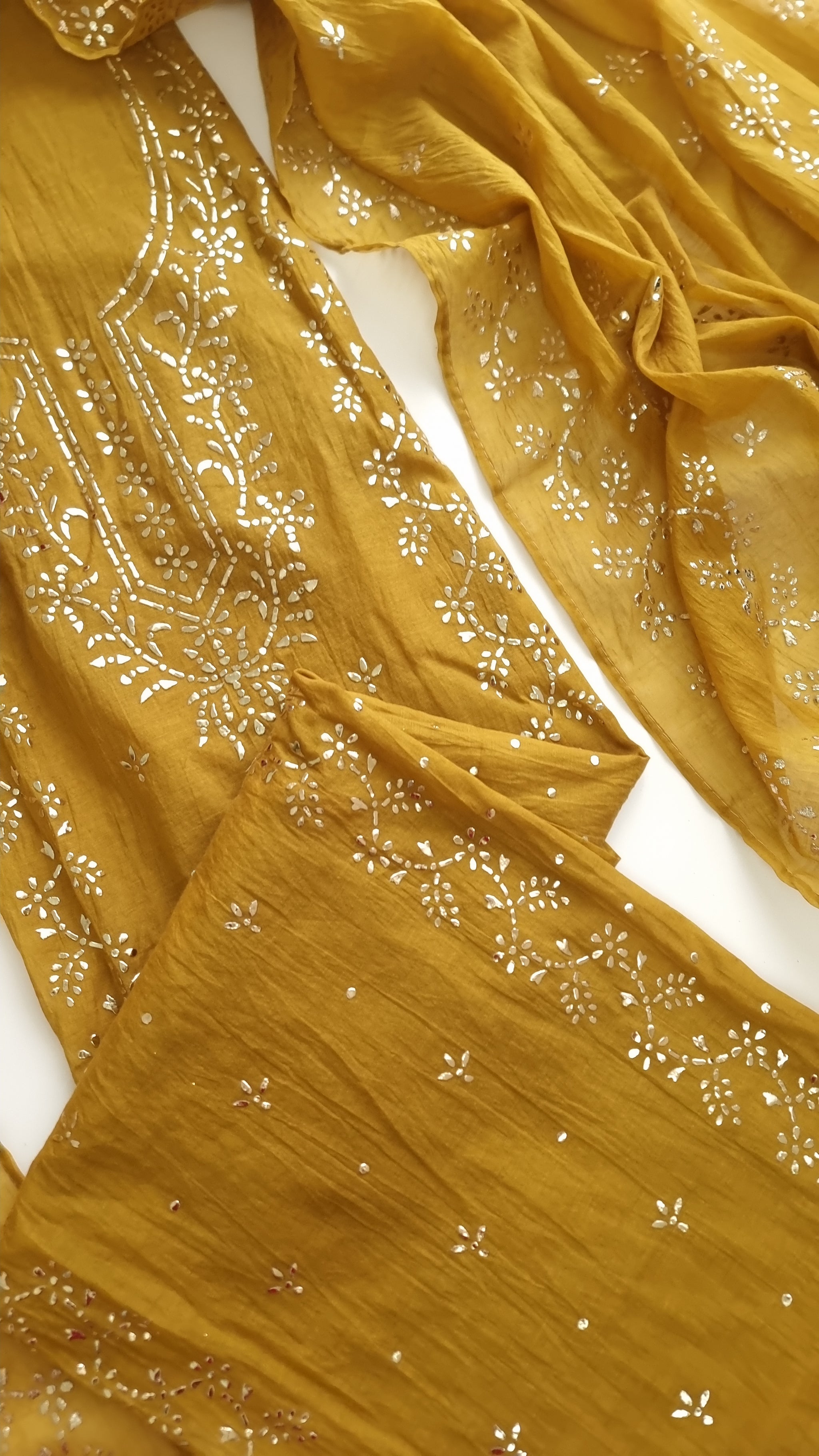 Yellow Mul Chanderi dress material with Pasted mukaish work