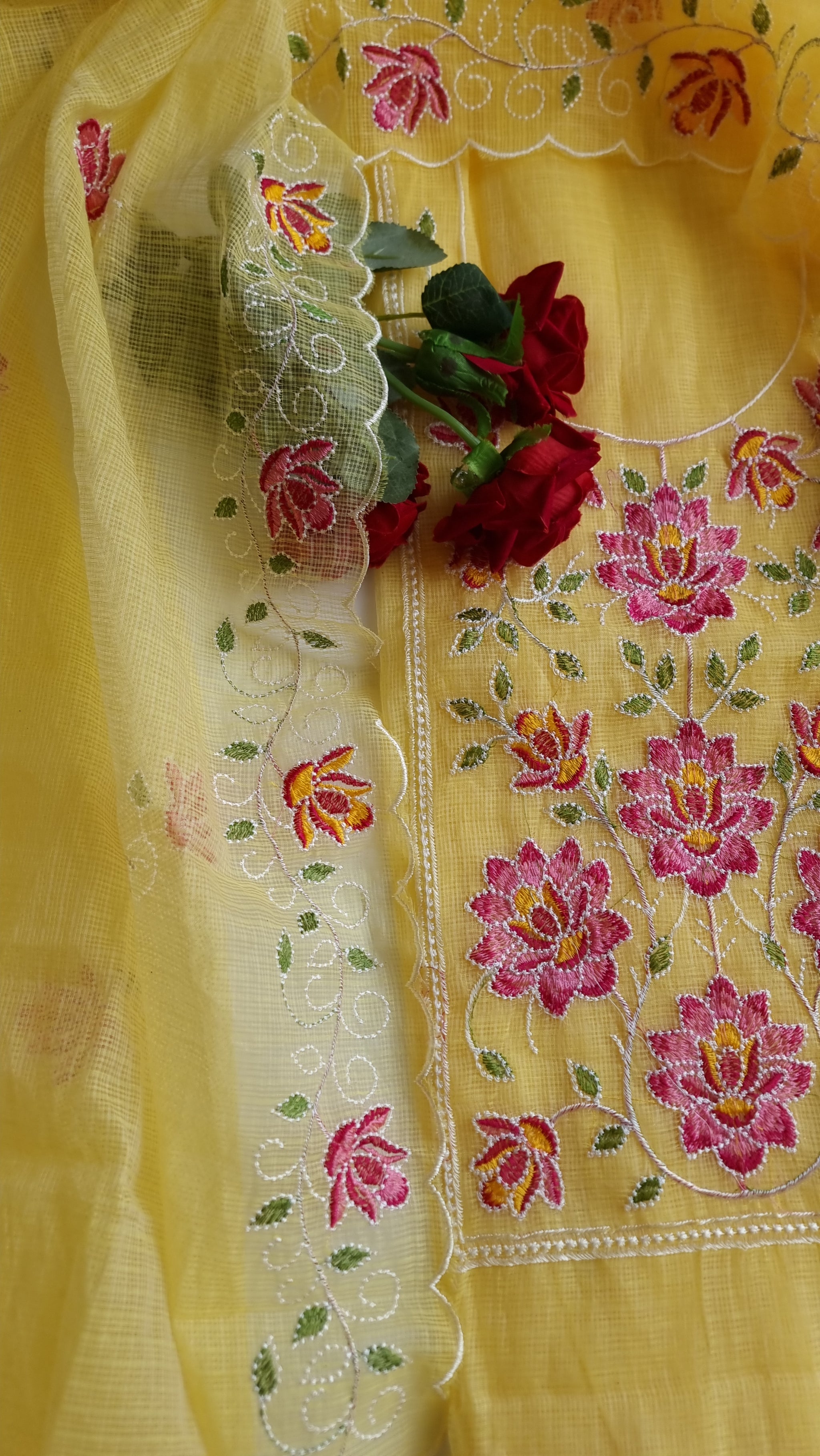 Yellow Kotta embroidered kurta dupatta set Unstitched