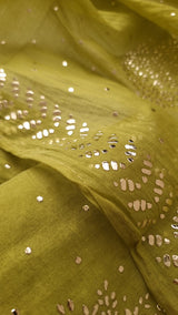 Green Mul Chanderi dress material with  Pasted mukaish work