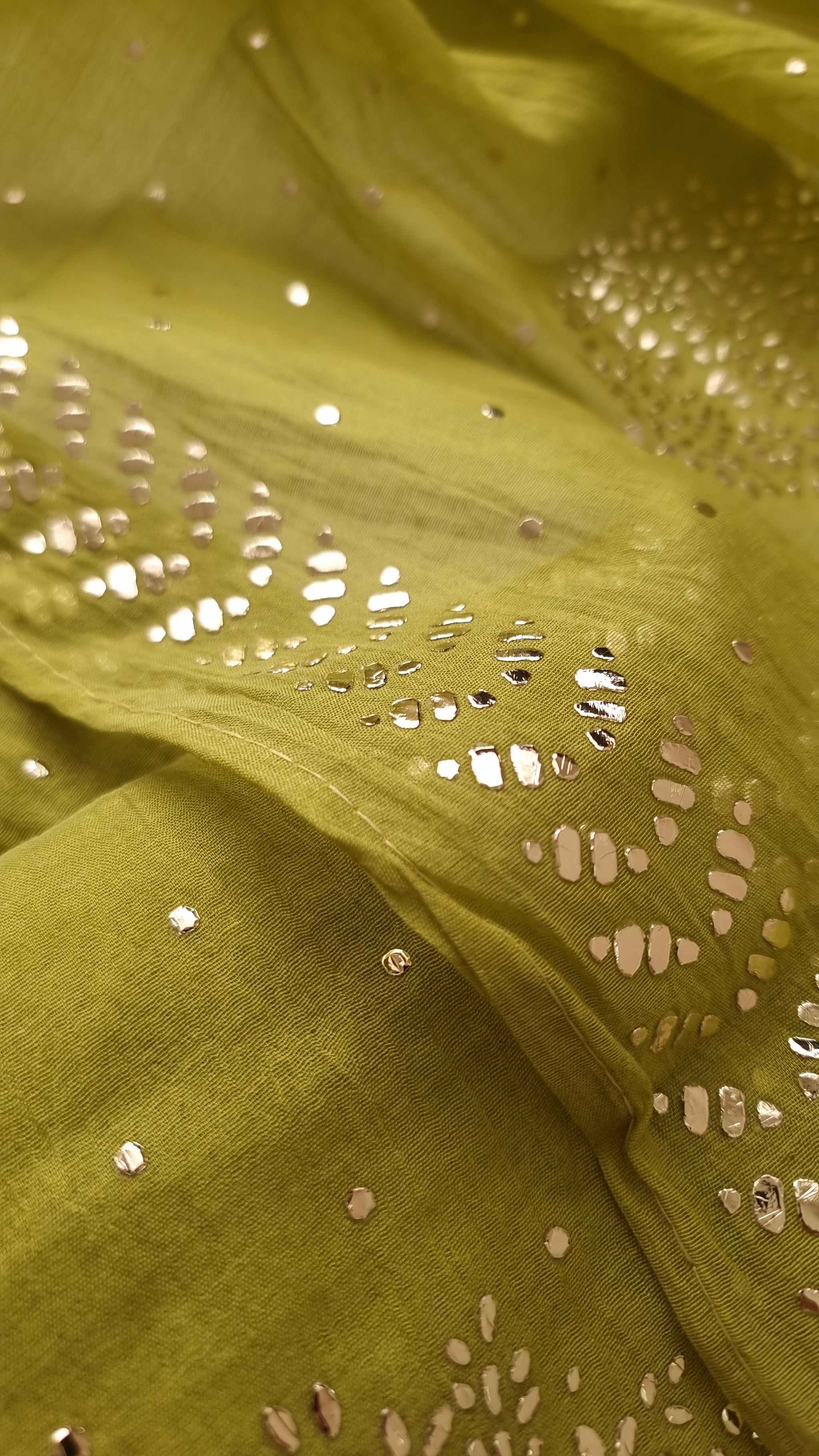 Green Mul Chanderi dress material with  Pasted mukaish work