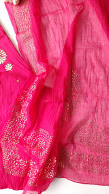 Hot pink Mul Chanderi dress material with pitta and mukaish work