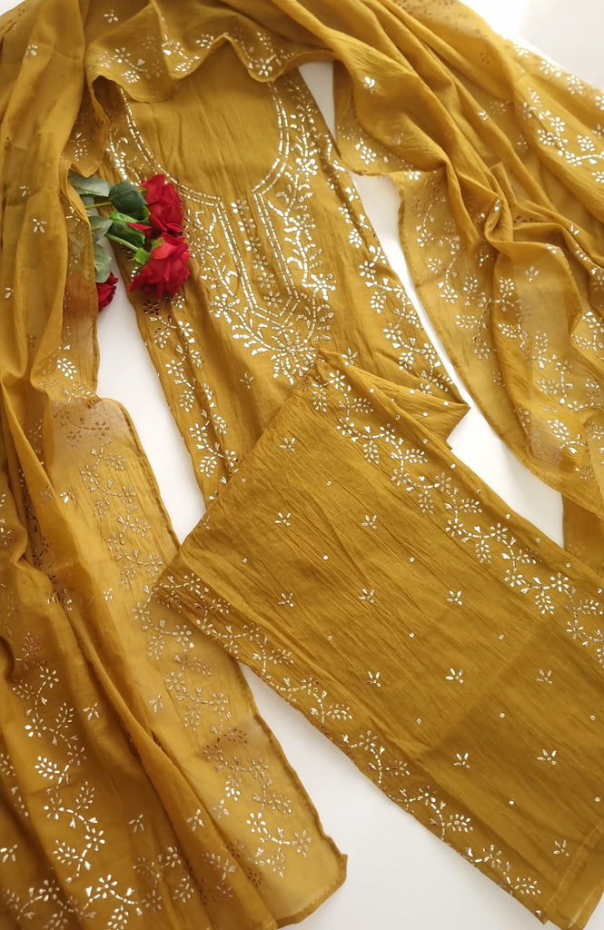 Yellow Mul Chanderi dress material with Pasted mukaish work