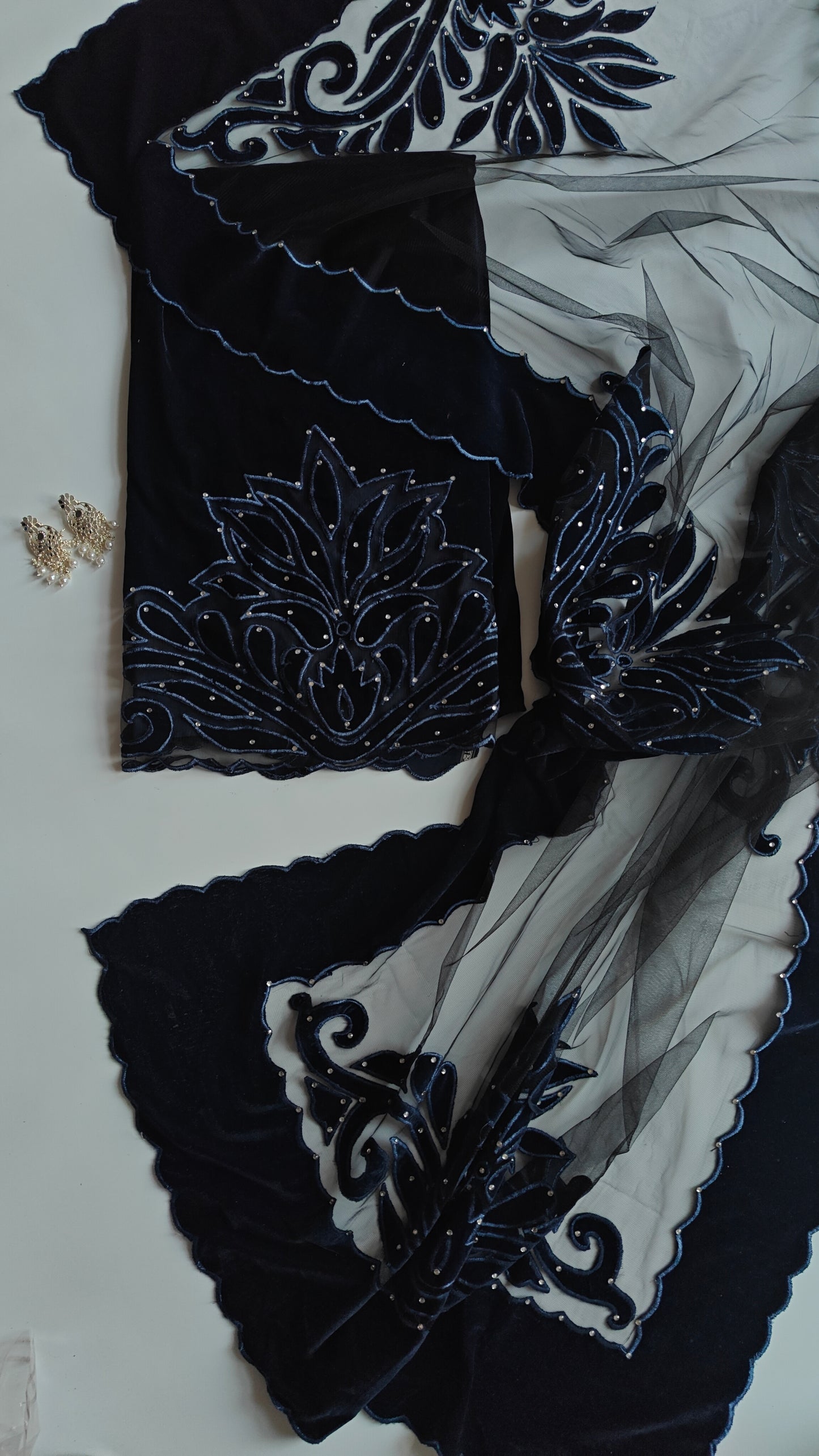 Blue color Velvet cut work designer party wear unstitched suit set