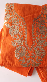 Orange Mul Chanderi dress material with pitta and mukaish work