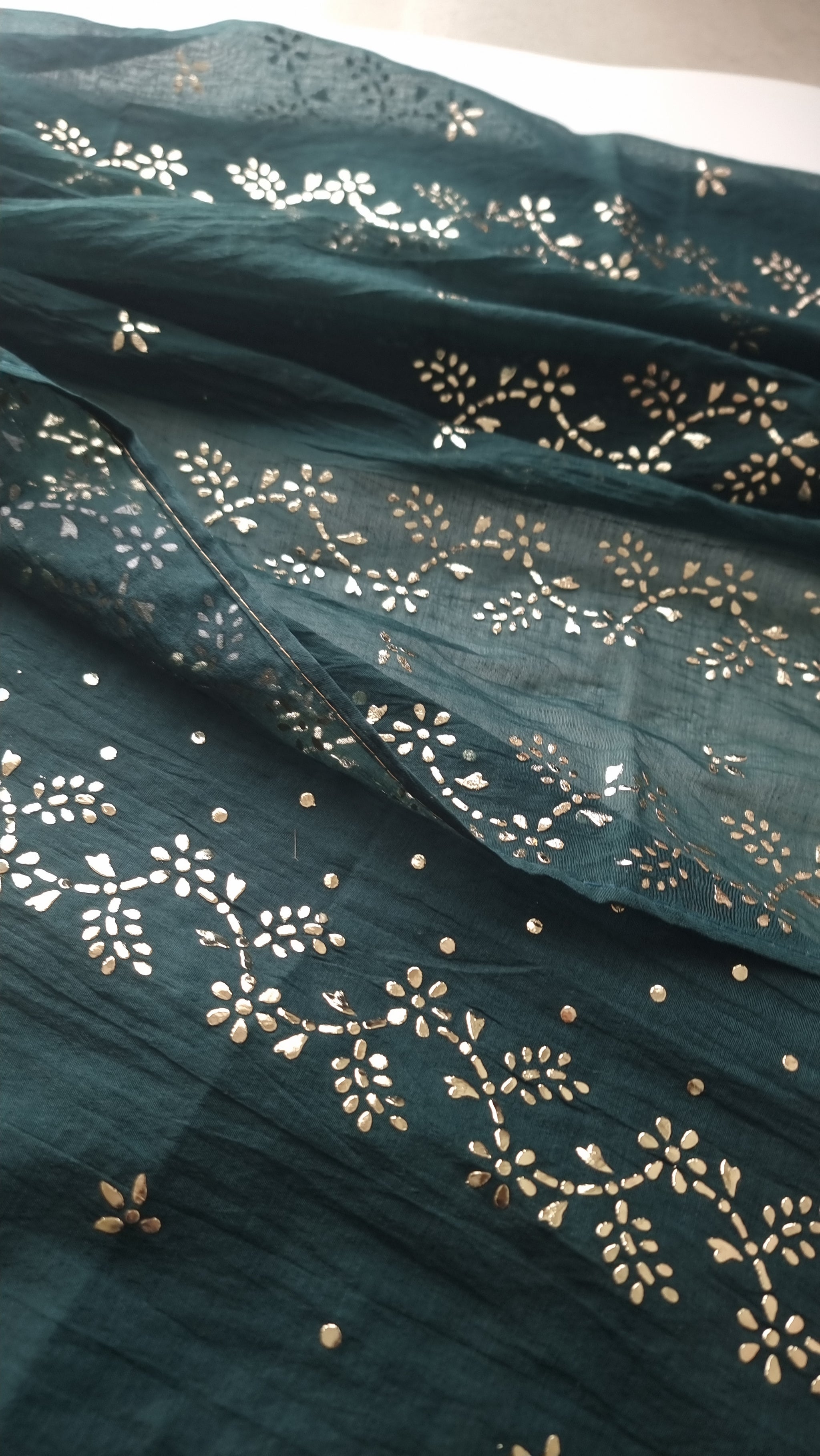 Peacock color Mul Chanderi dress material with  Pasted mukaish work