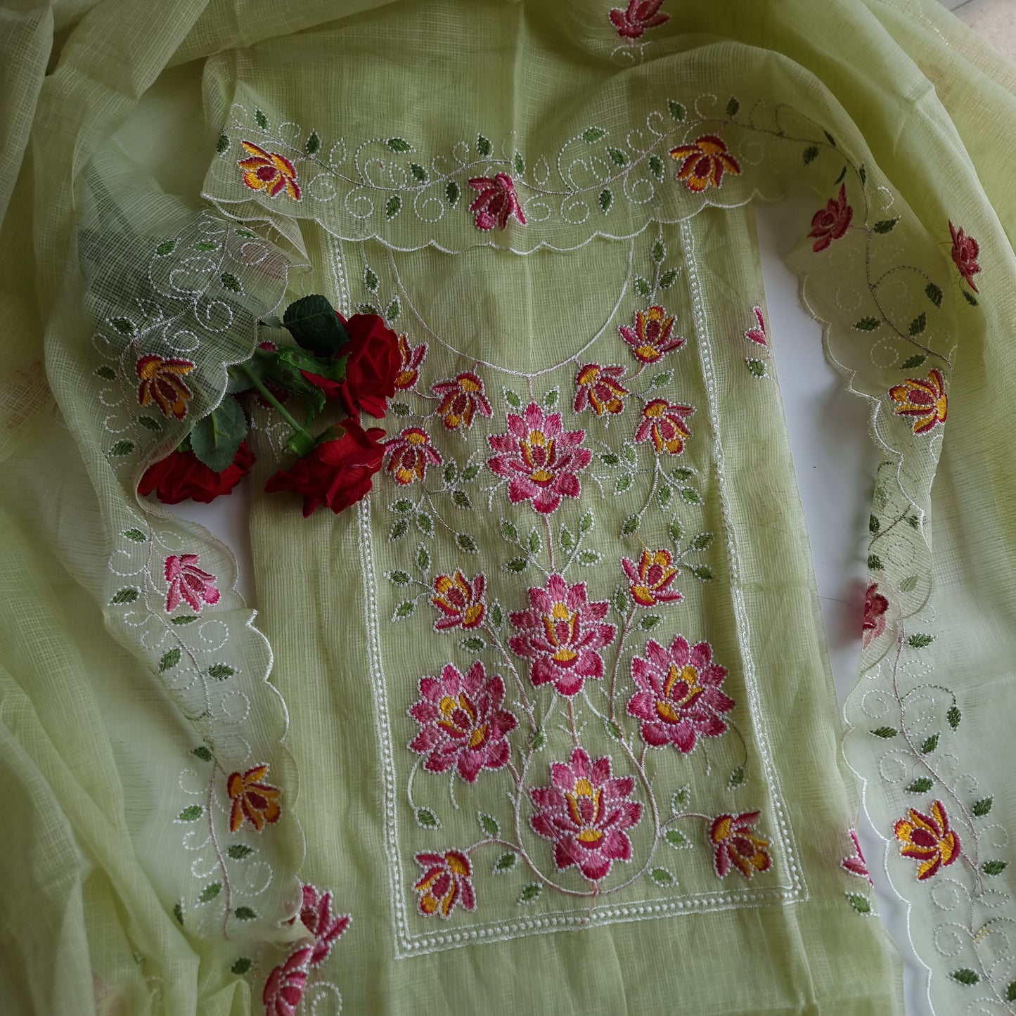 Green Kotta embroidered kurta dupatta set Unstitched