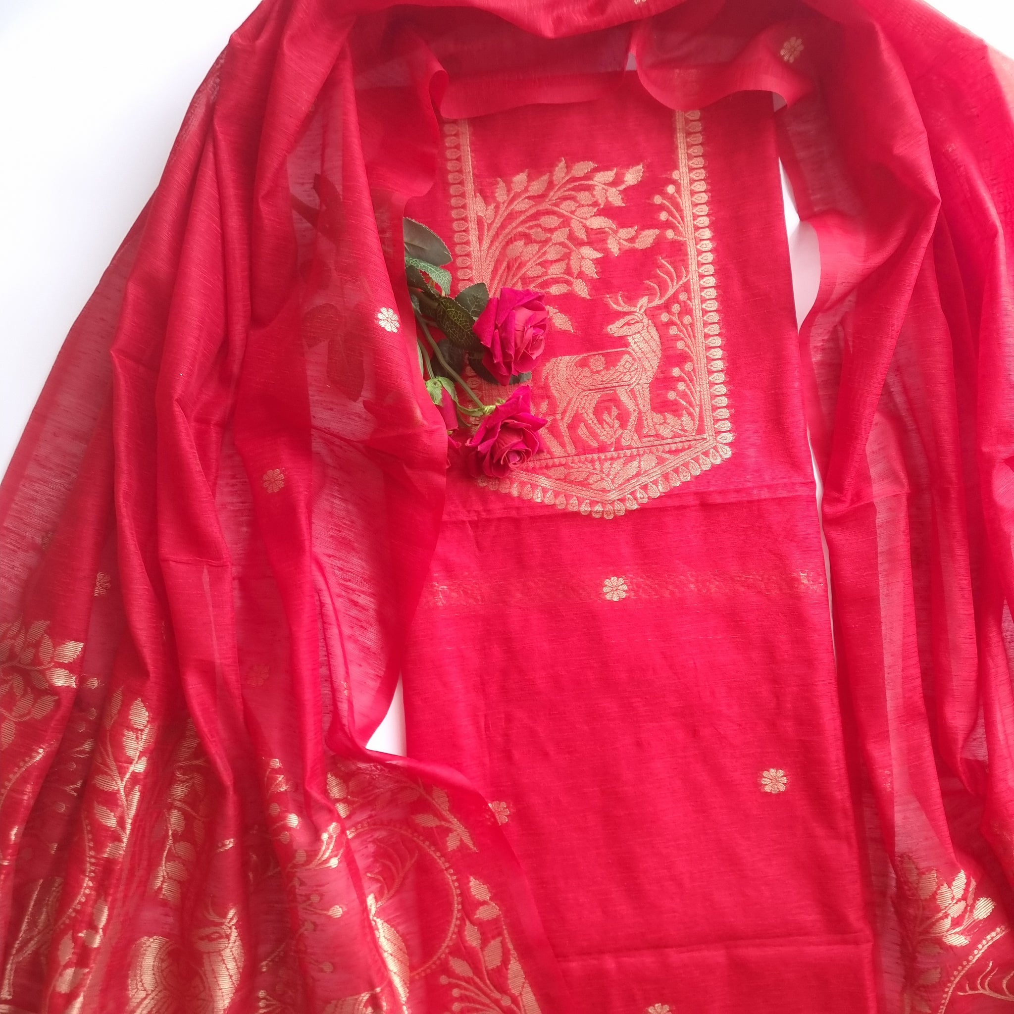 Red Vedika Silk Unstitched suit material