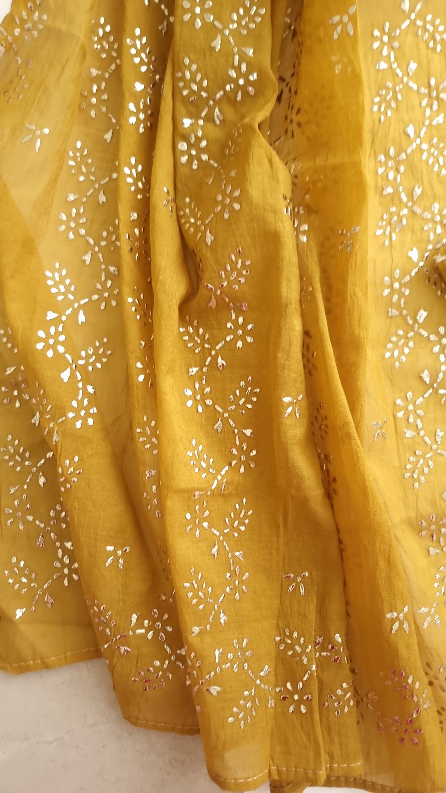 Yellow Mul Chanderi dress material with Pasted mukaish work