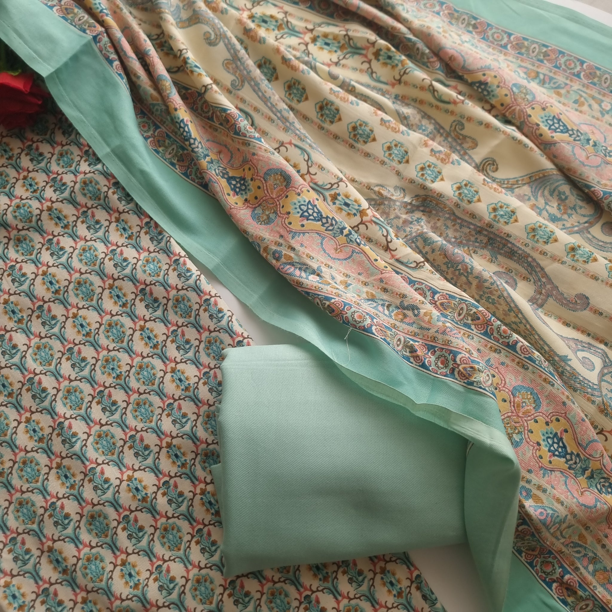 Green Prinred Pashmina Unstitched suit set