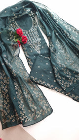 Peacock color Mul Chanderi dress material with  Pasted mukaish work