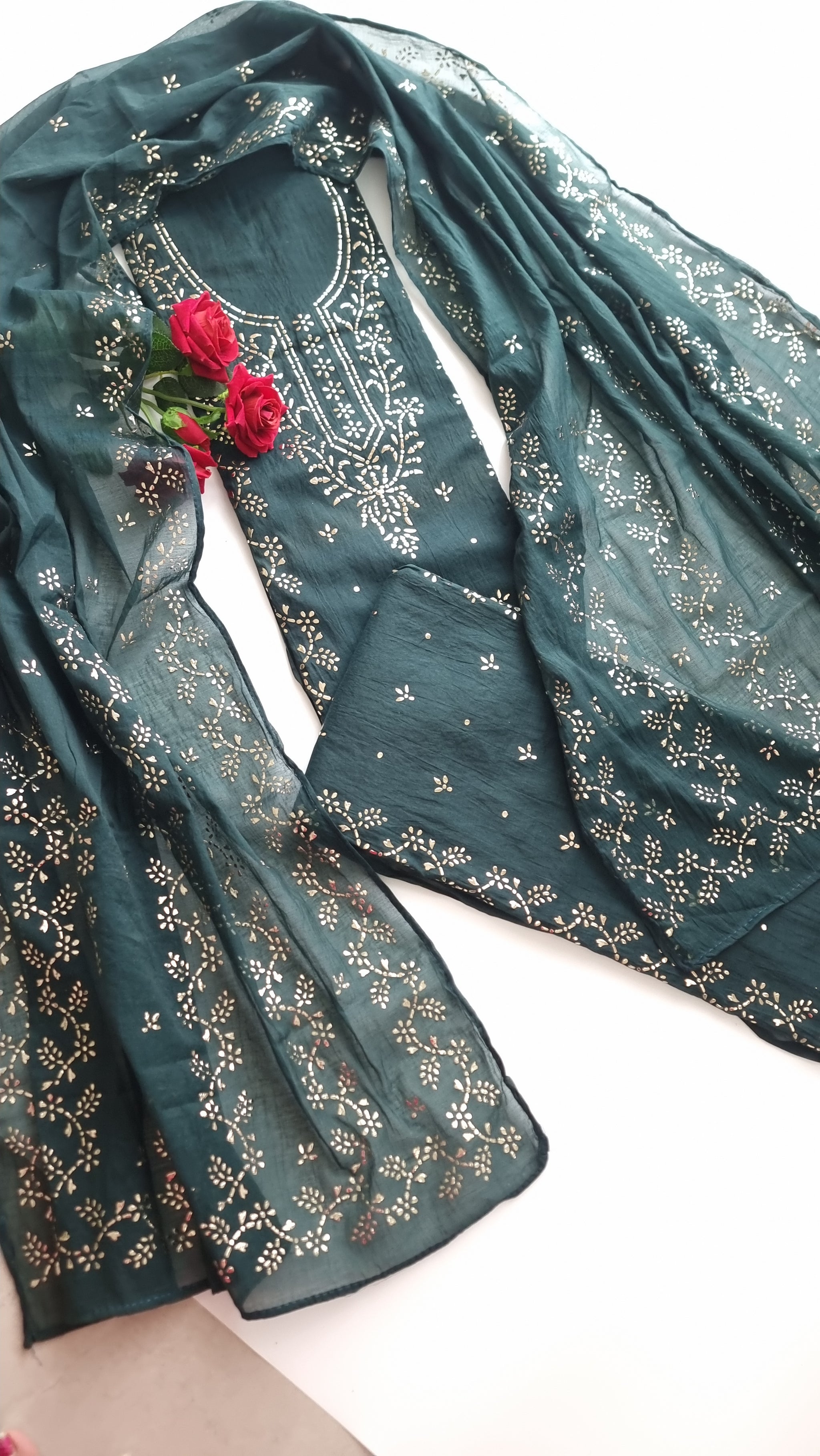 Peacock color Mul Chanderi dress material with  Pasted mukaish work