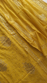 Yellow Mul Chanderi dress material with  Pasted mukaish work
