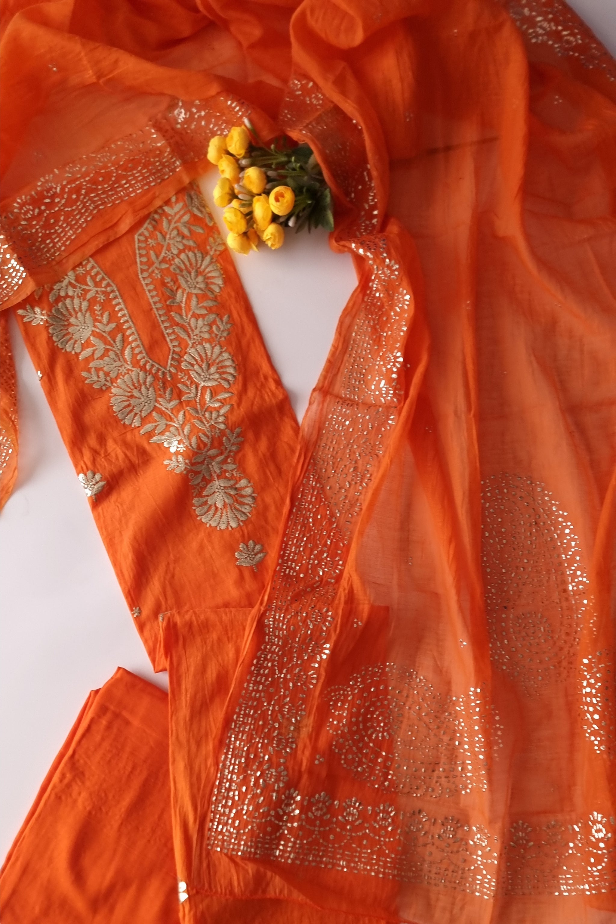 Orange Mul Chanderi dress material with pitta and mukaish work
