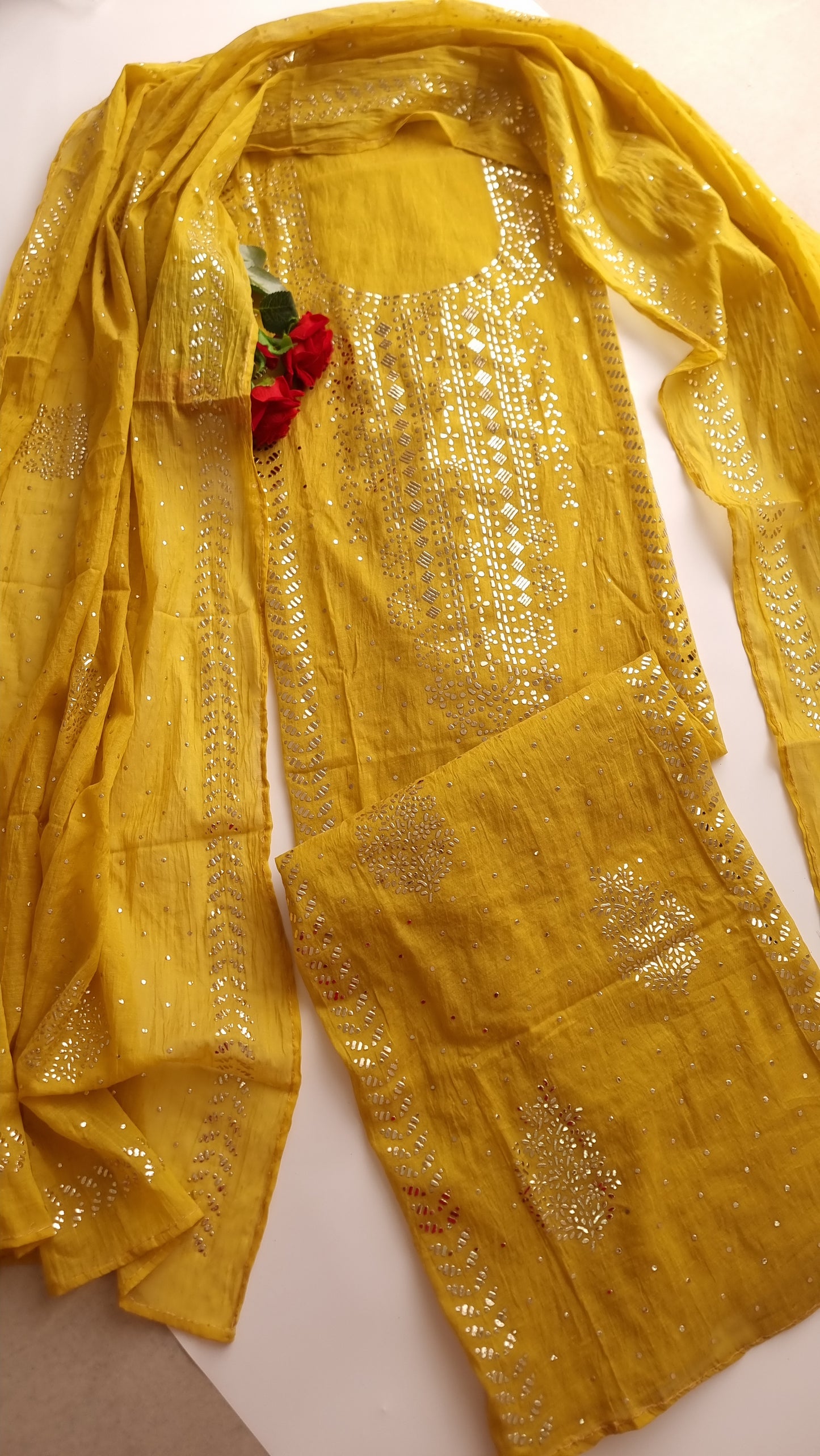 Yellow Mul Chanderi dress material with  Pasted mukaish work