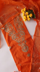Orange Mul Chanderi dress material with pitta and mukaish work