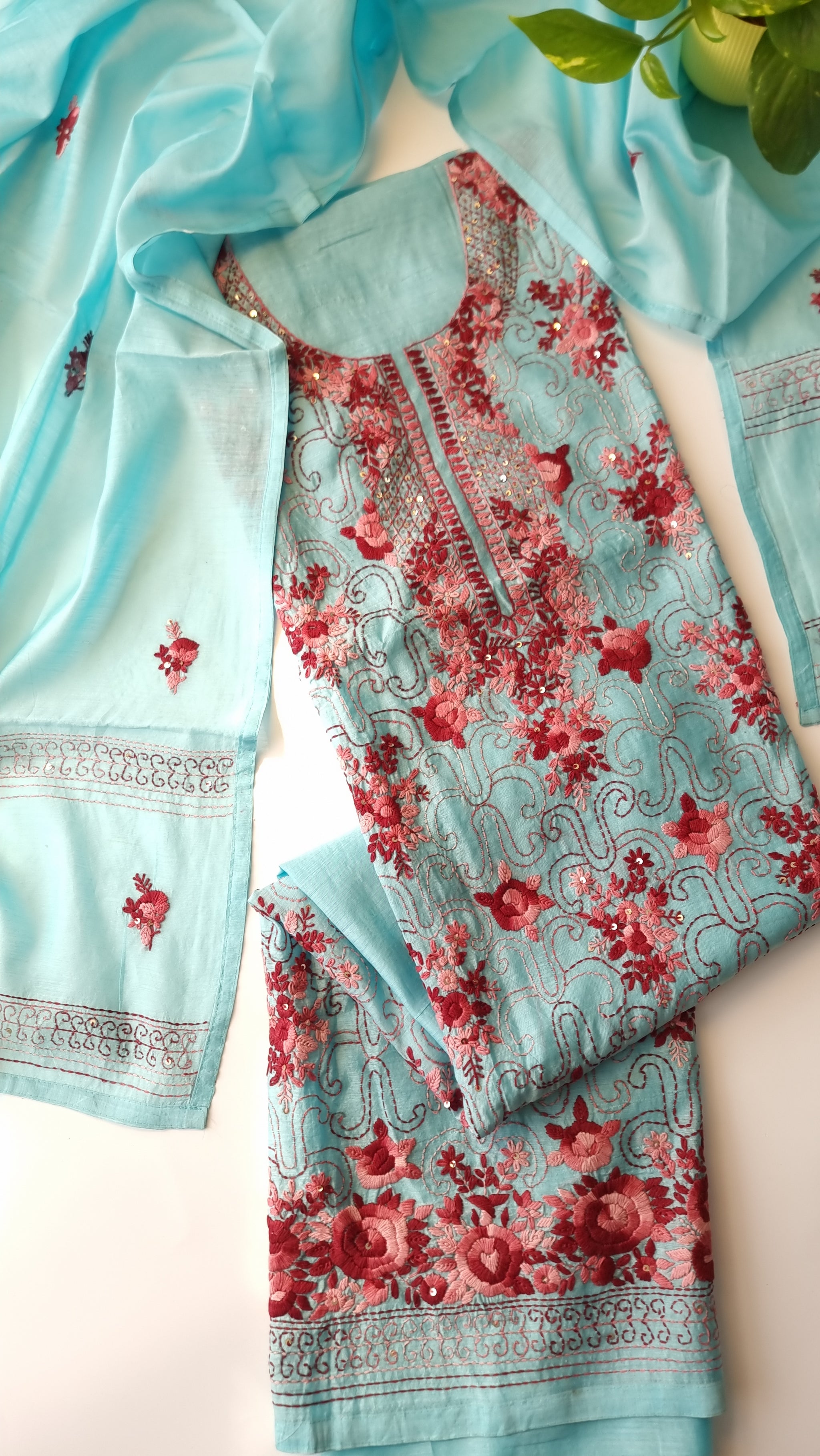 Chanderi knot embroidery Unstitched suit material