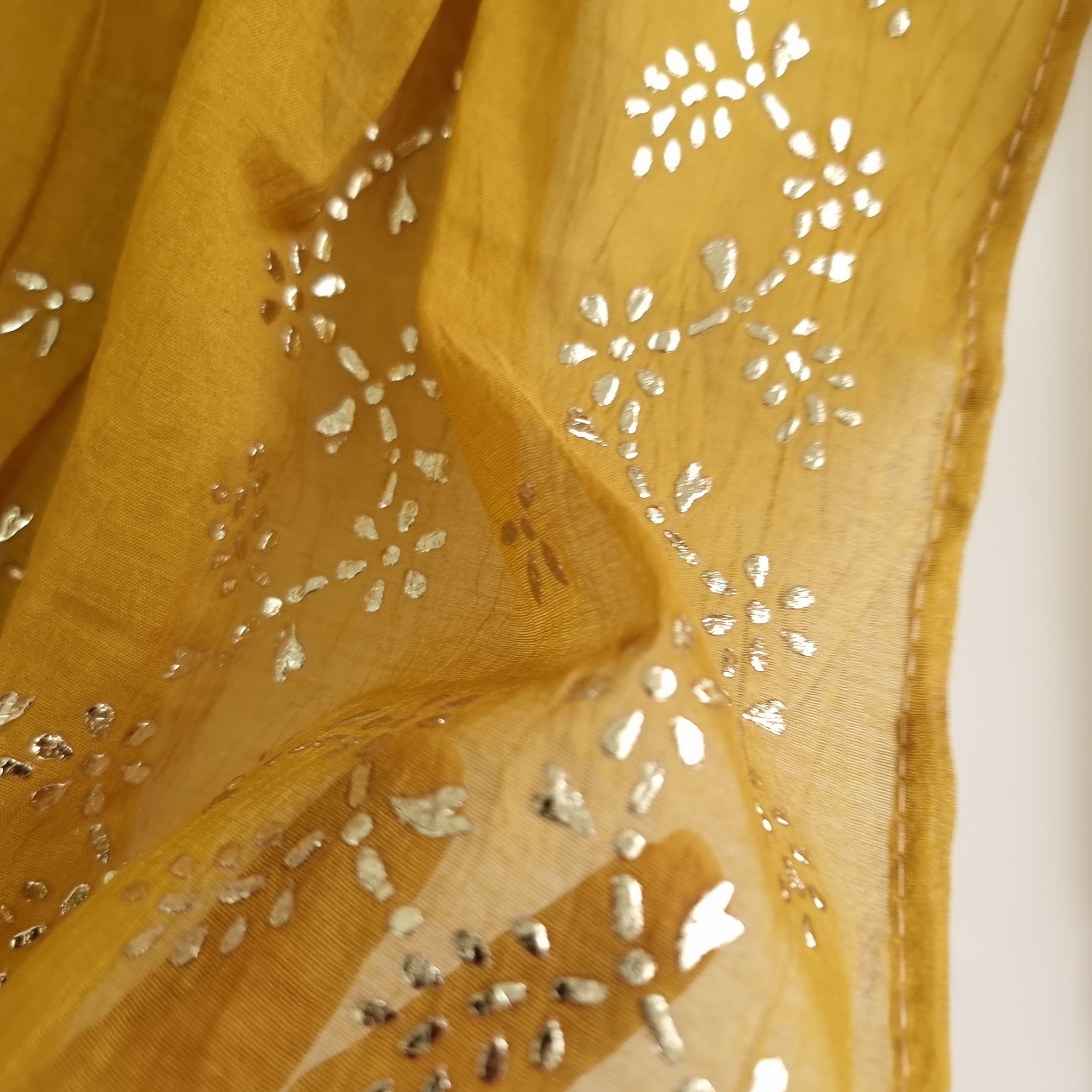 Yellow Mul Chanderi dress material with Pasted mukaish work