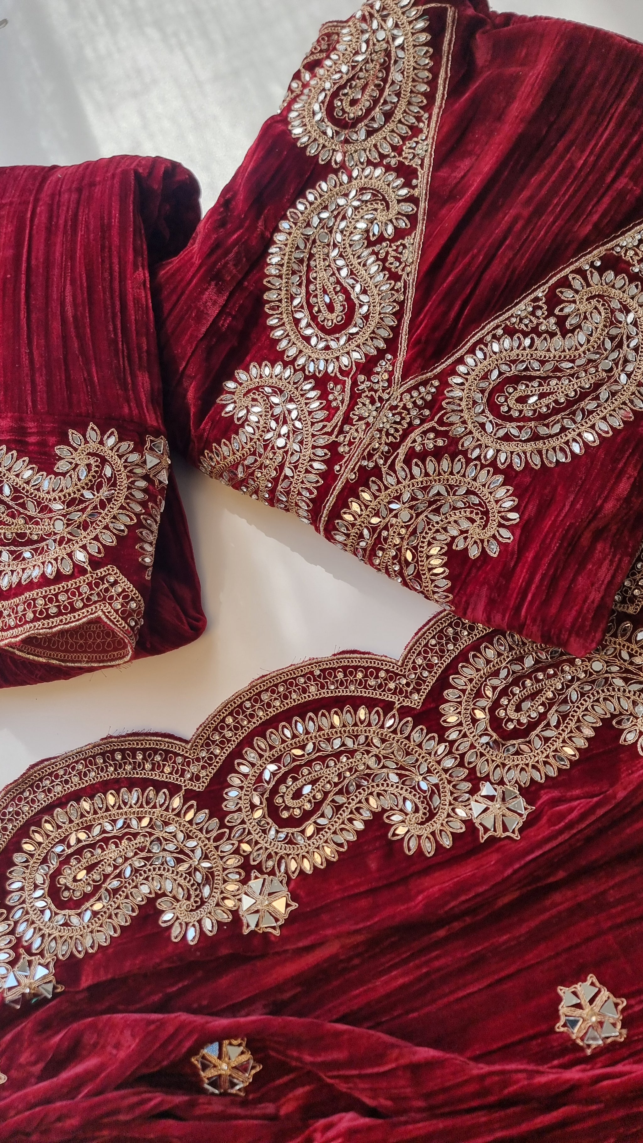 Crush Velvet mirror work party wear unstitched suit set