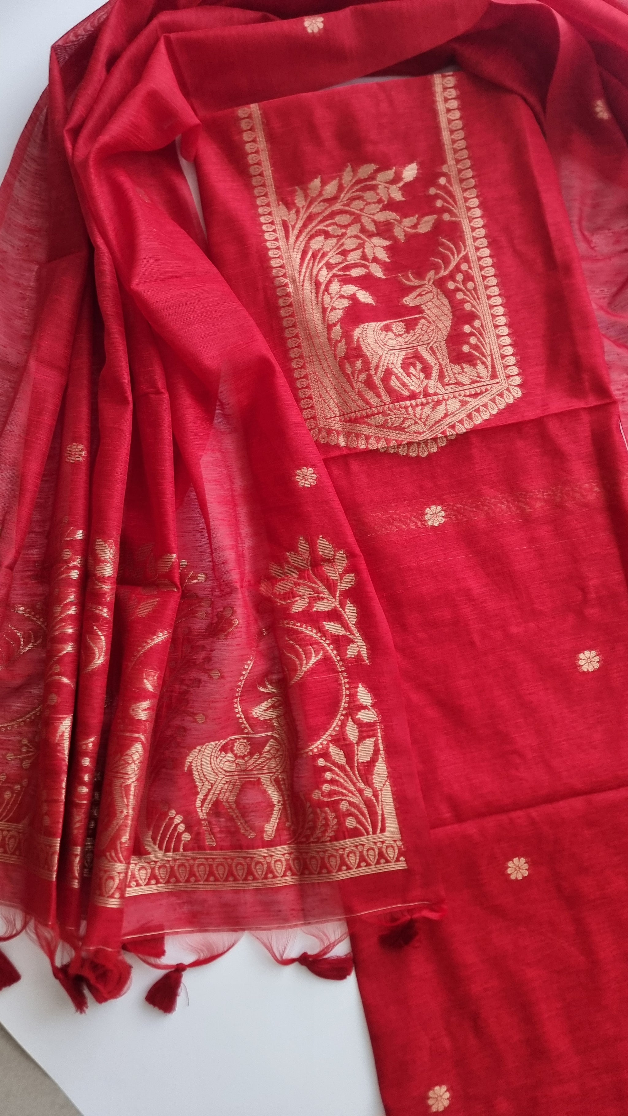 Red Vedika Silk Unstitched suit material