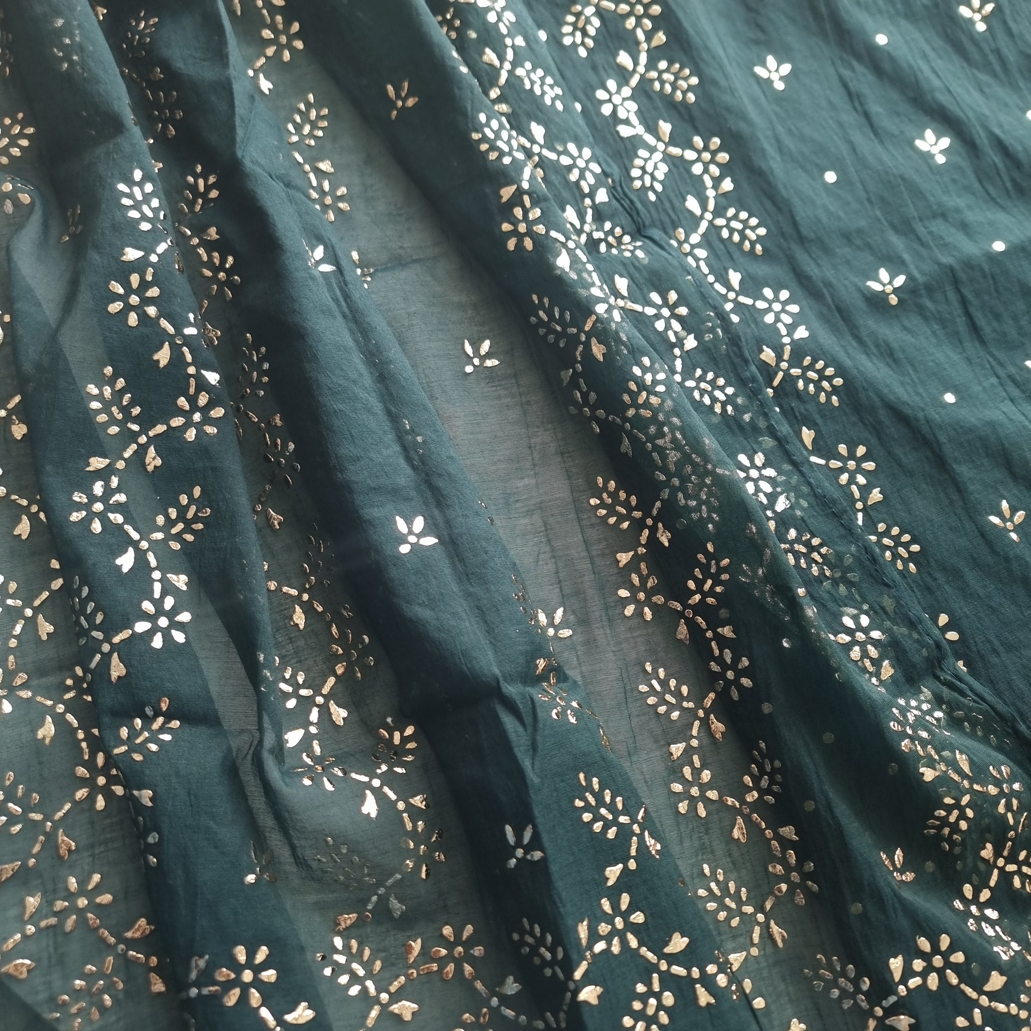 Peacock color Mul Chanderi dress material with  Pasted mukaish work