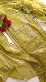 Green Mul Chanderi dress material with  Pasted mukaish work