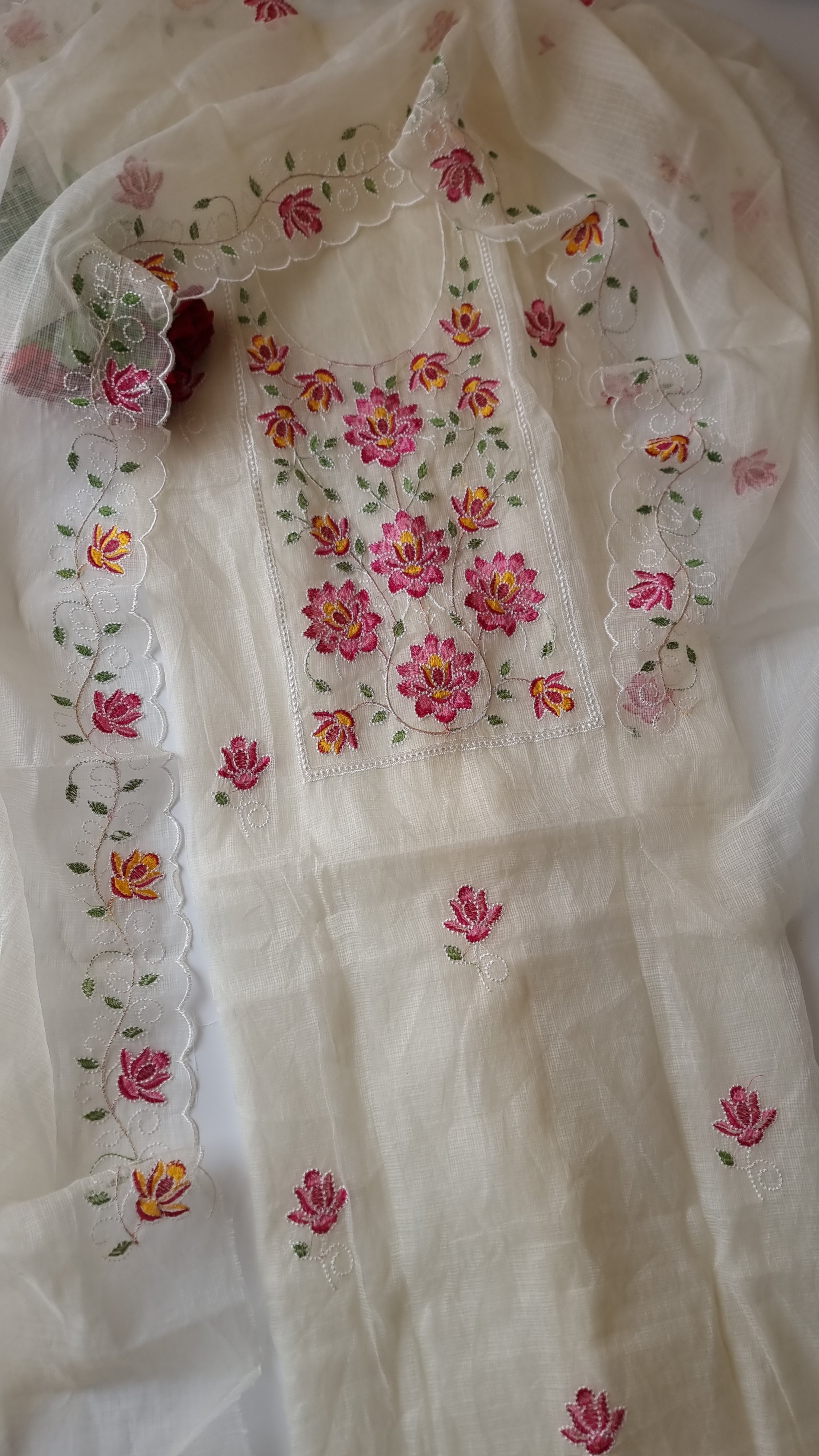 White Kotta embroidered kurta dupatta set Unstitched