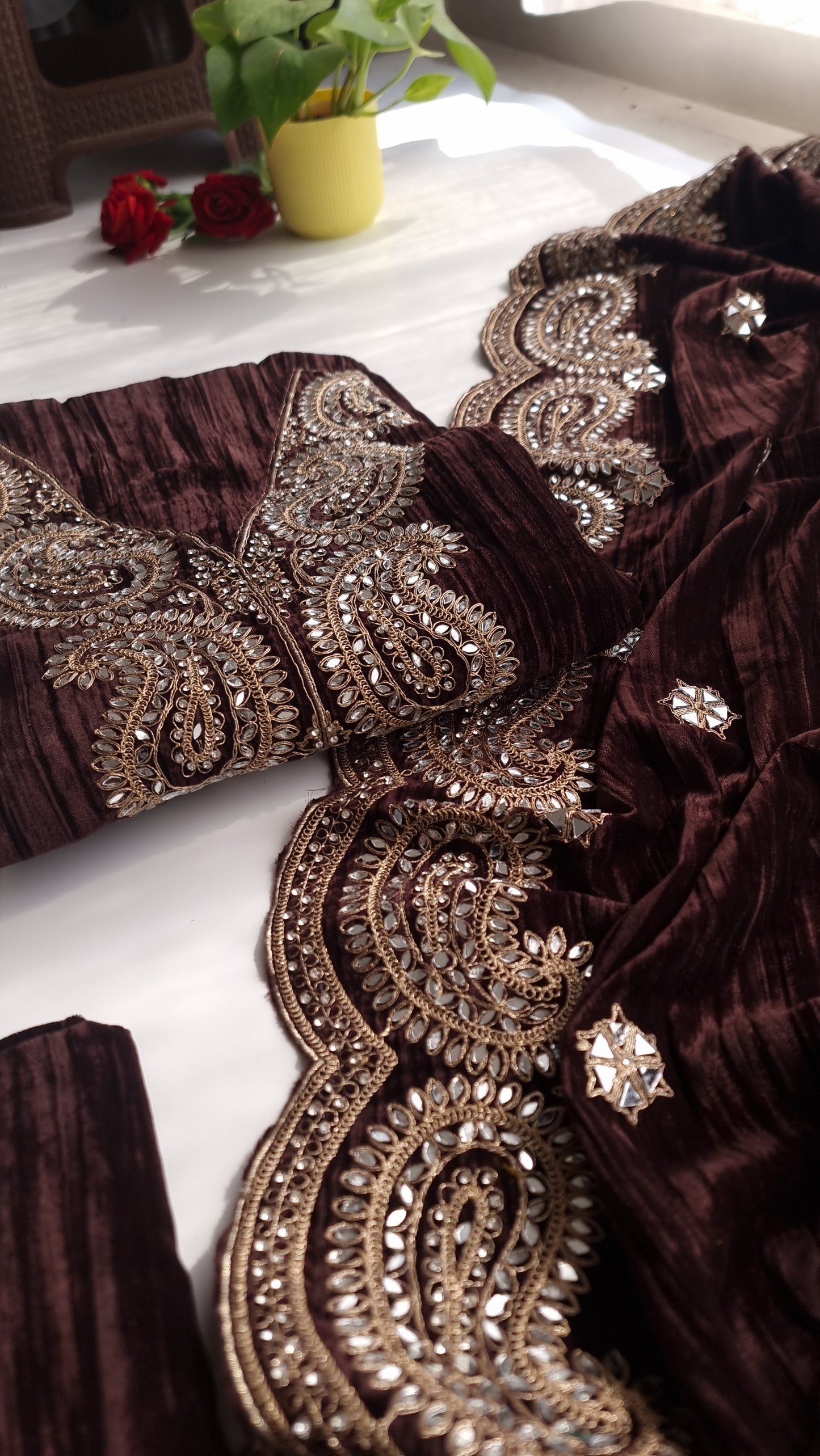 Crush Velvet mirror work party wear unstitched suit set