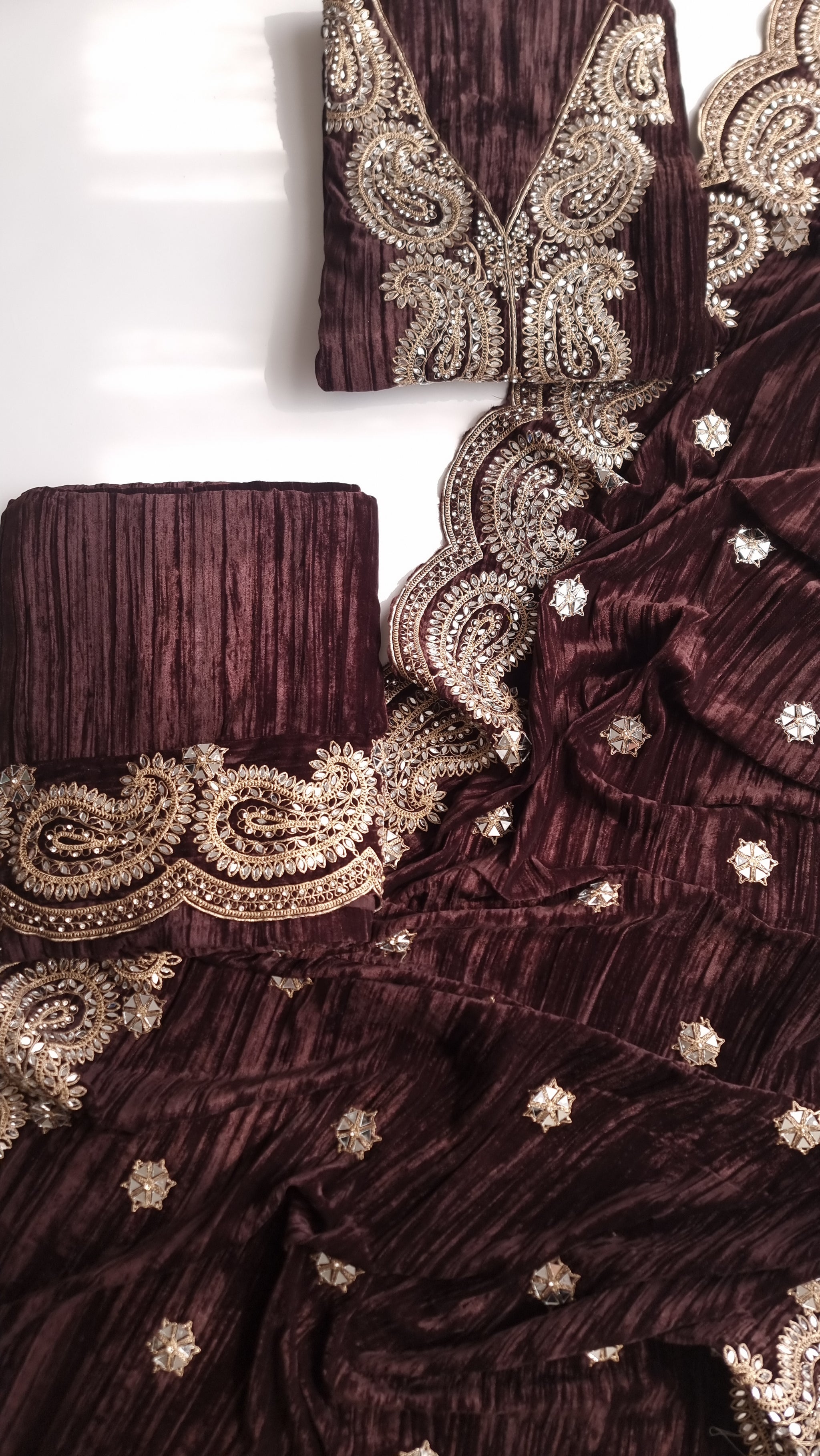 Crush Velvet mirror work party wear unstitched suit set