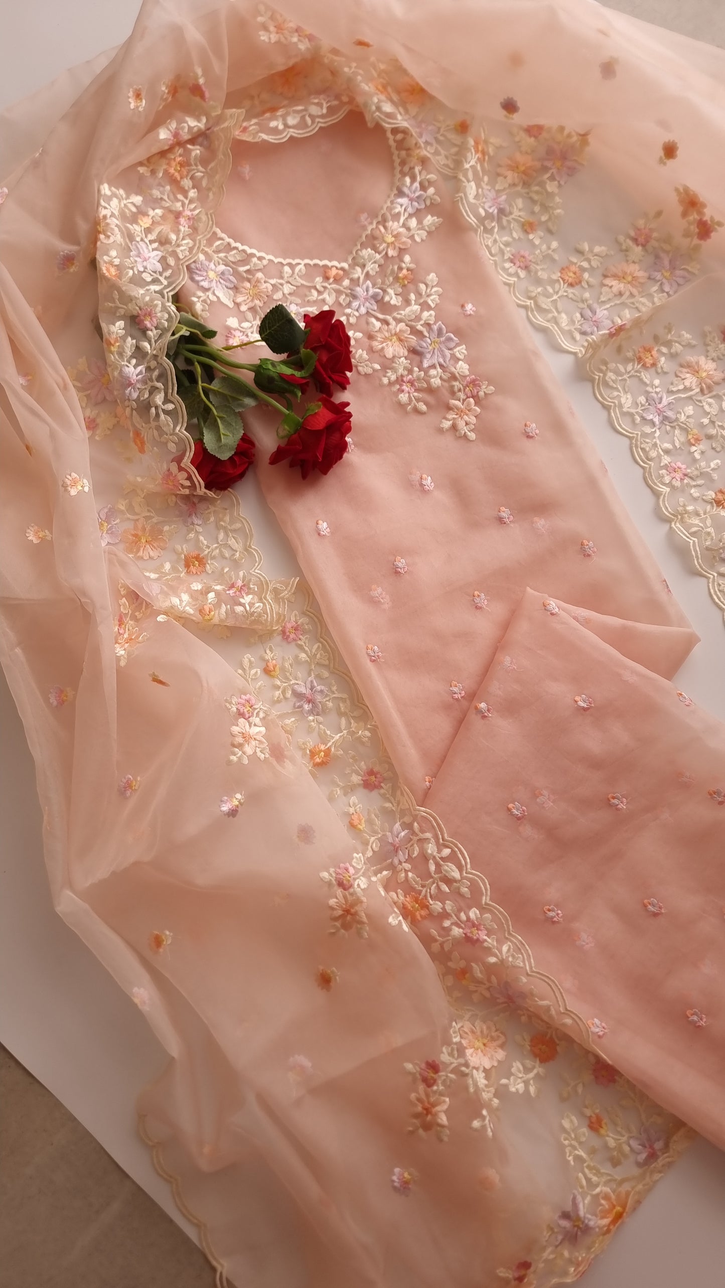 Unstitched Salwar Kameez Fabric with Parsi Work and Tissue Dupatta