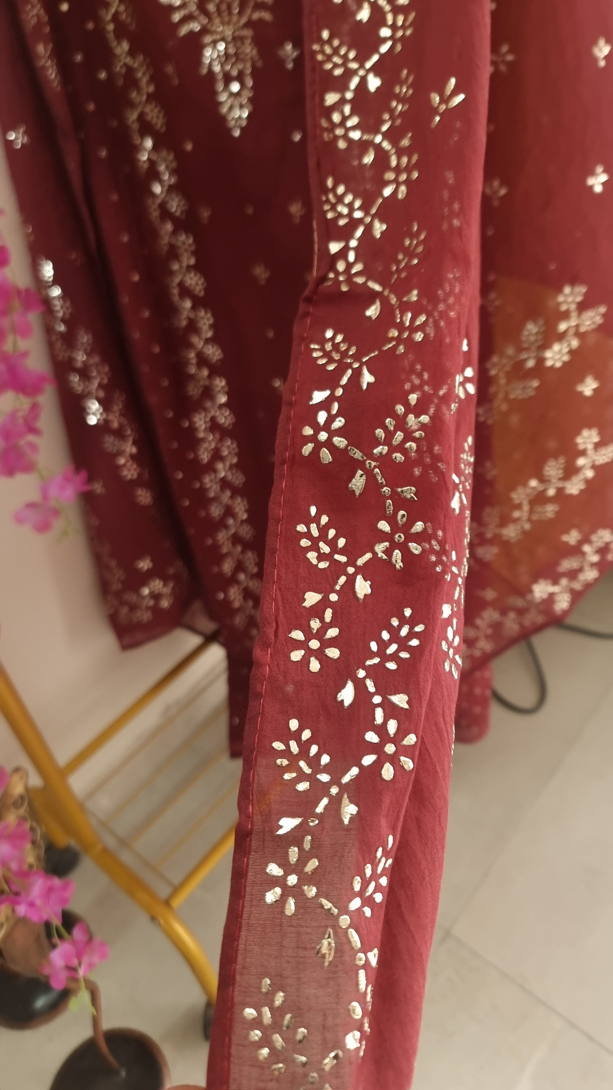 Maroon Mul Chanderi dress material with  Pasted mukaish work