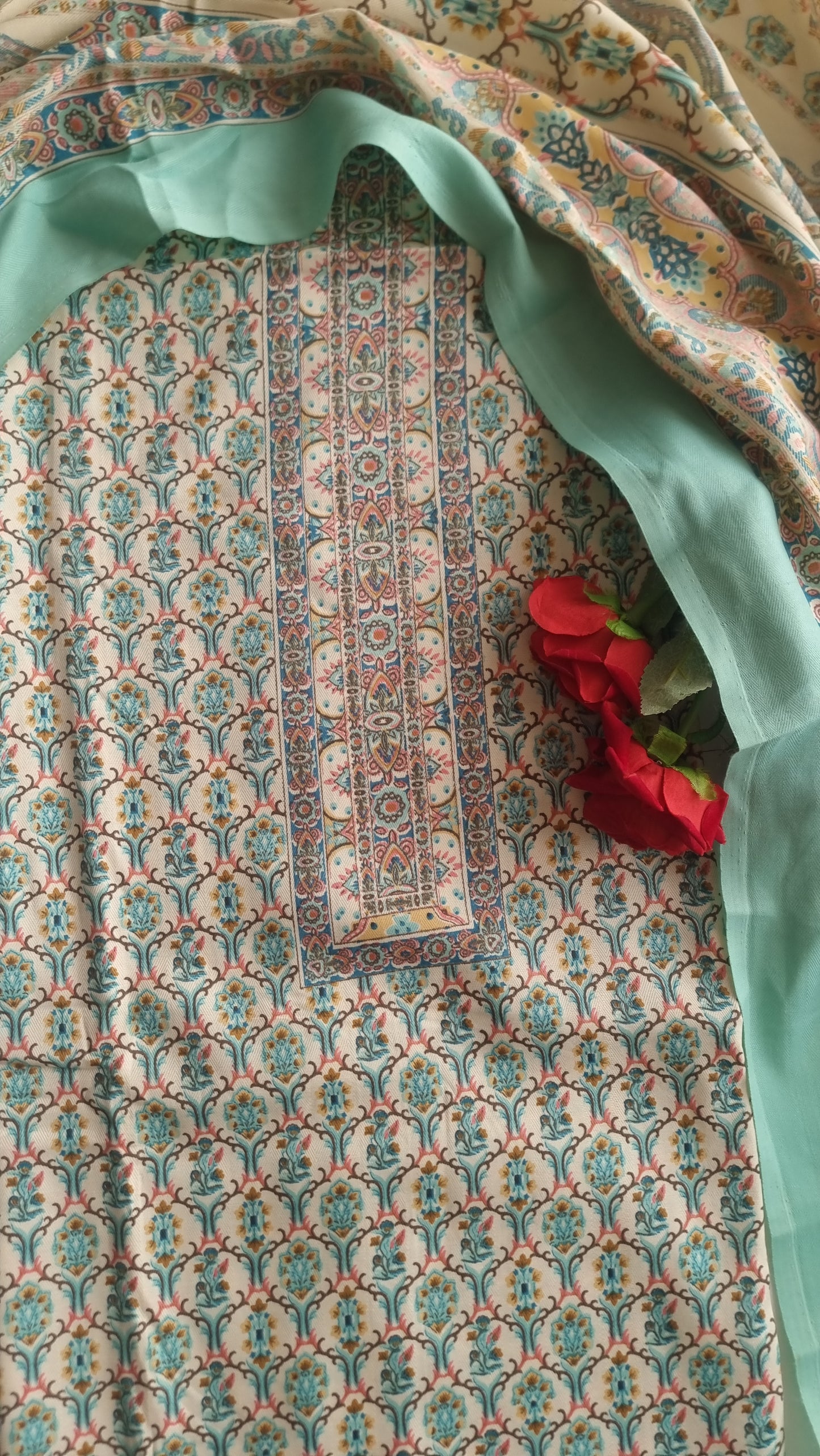 Green Prinred Pashmina Unstitched suit set