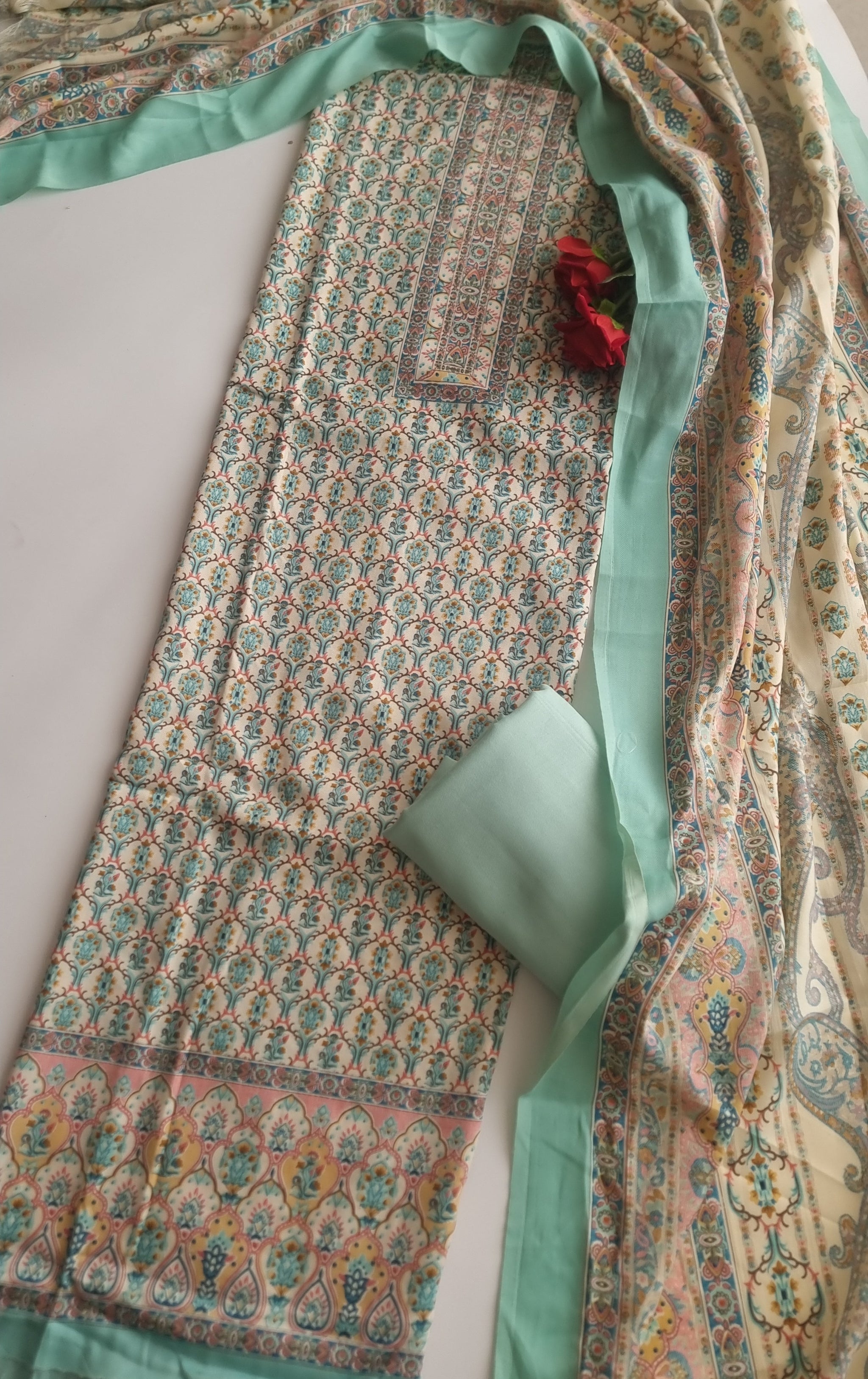 Green Prinred Pashmina Unstitched suit set