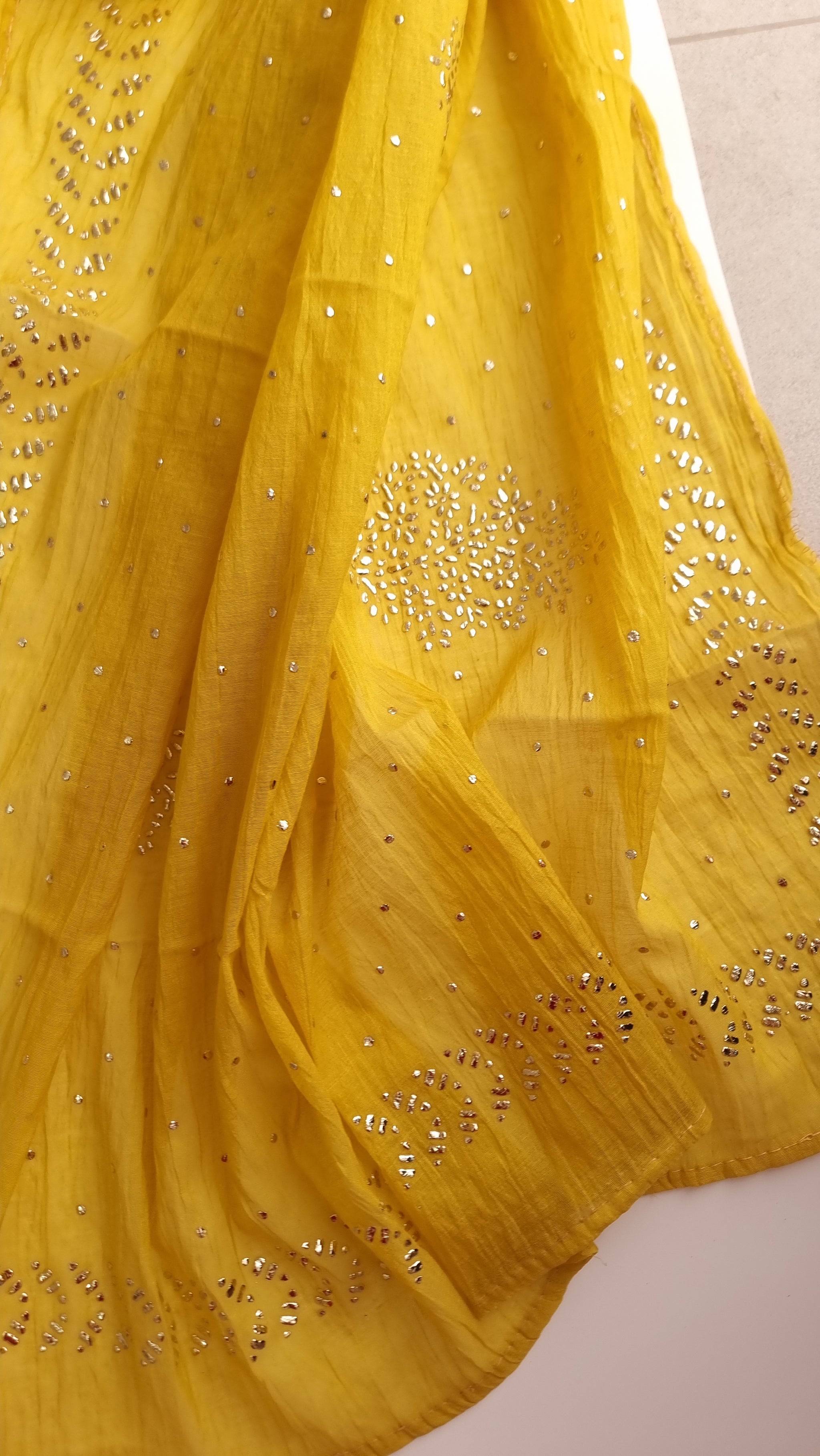 Yellow Mul Chanderi dress material with  Pasted mukaish work