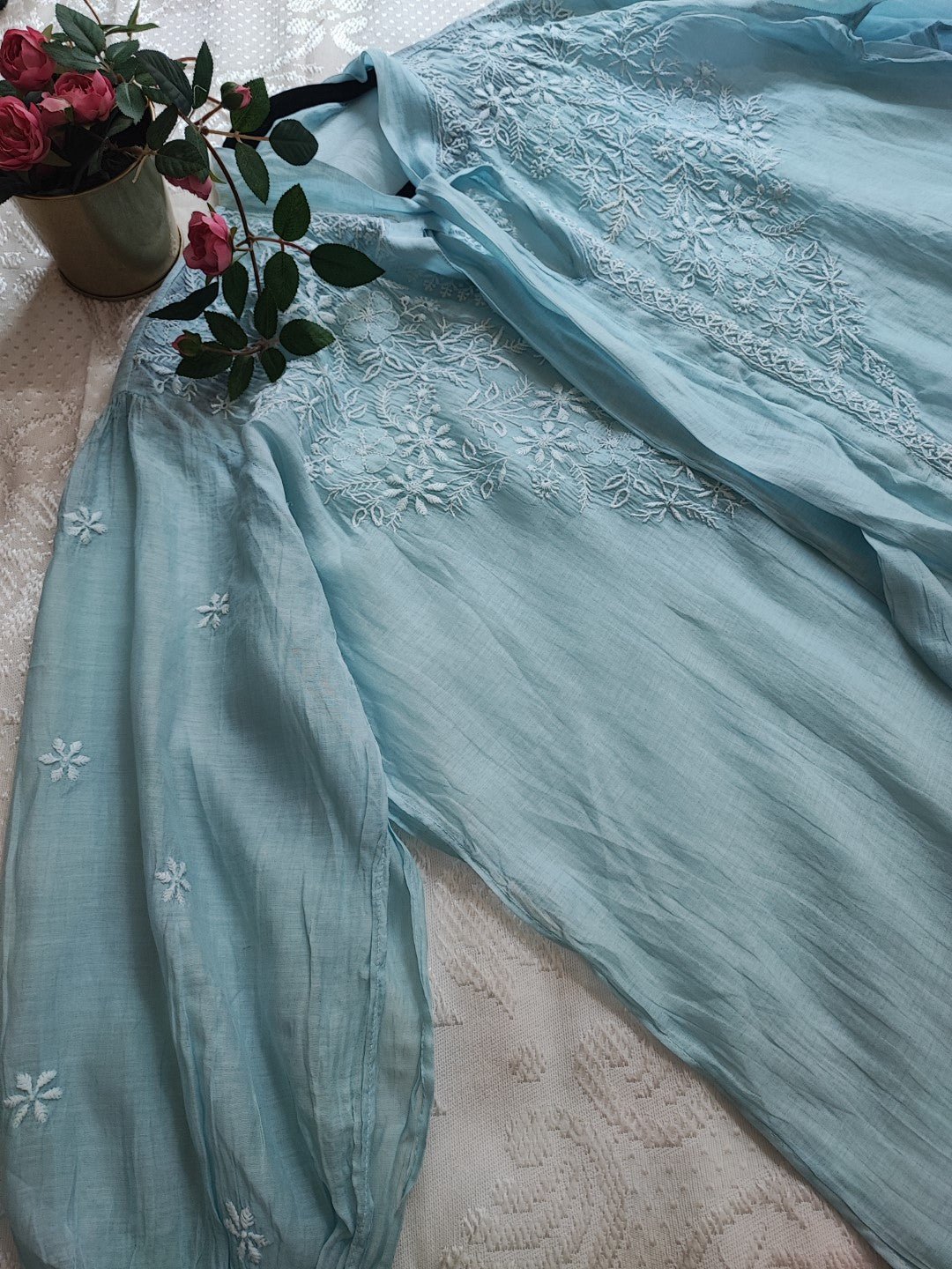 Sky blue Chikankari Shirt - Semi Stitched - Neel Creations By Saanvi