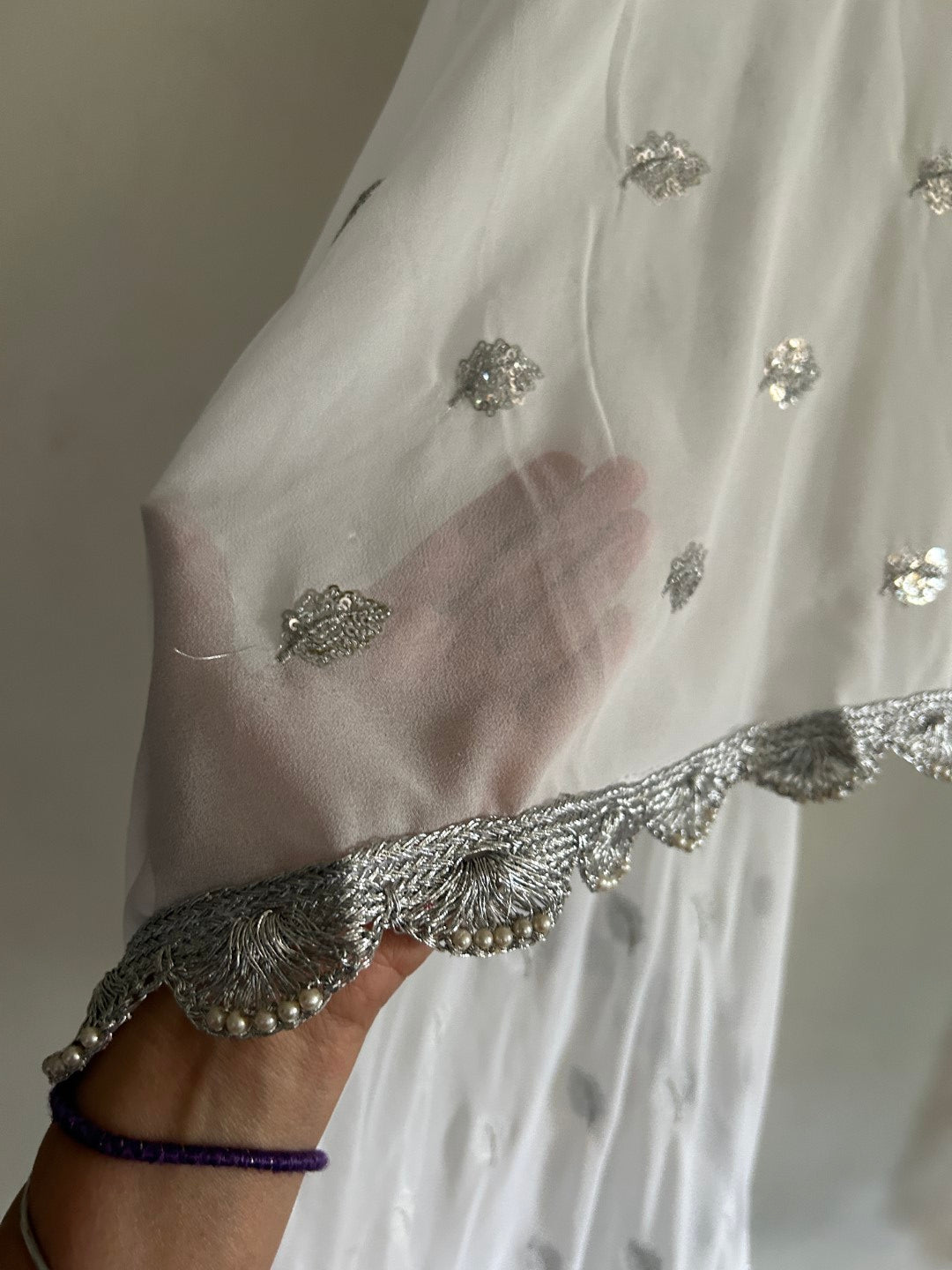White Georgette dupatta with silver border and embroidery - Neel Creations By Saanvi