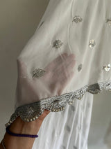 White Georgette dupatta with silver border and embroidery - Neel Creations By Saanvi