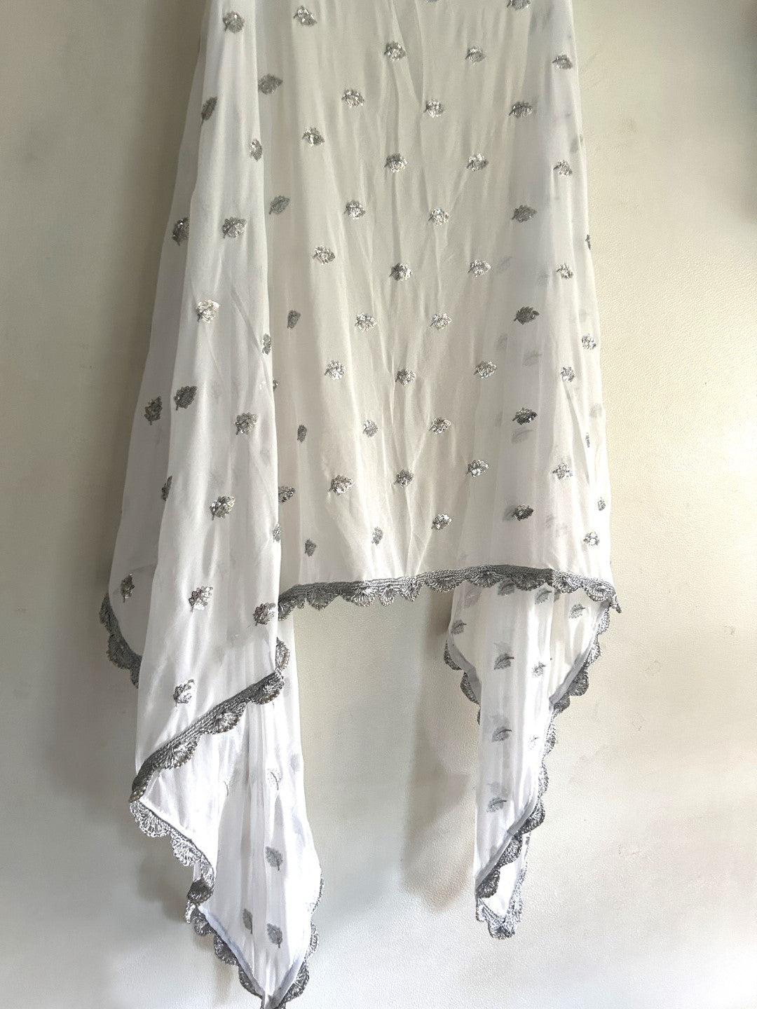 White Georgette dupatta with silver border and embroidery - Neel Creations By Saanvi