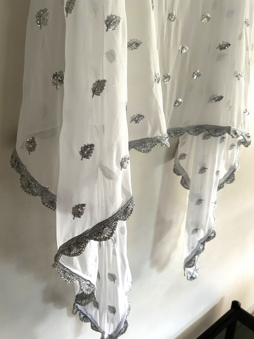 White Georgette dupatta with silver border and embroidery - Neel Creations By Saanvi