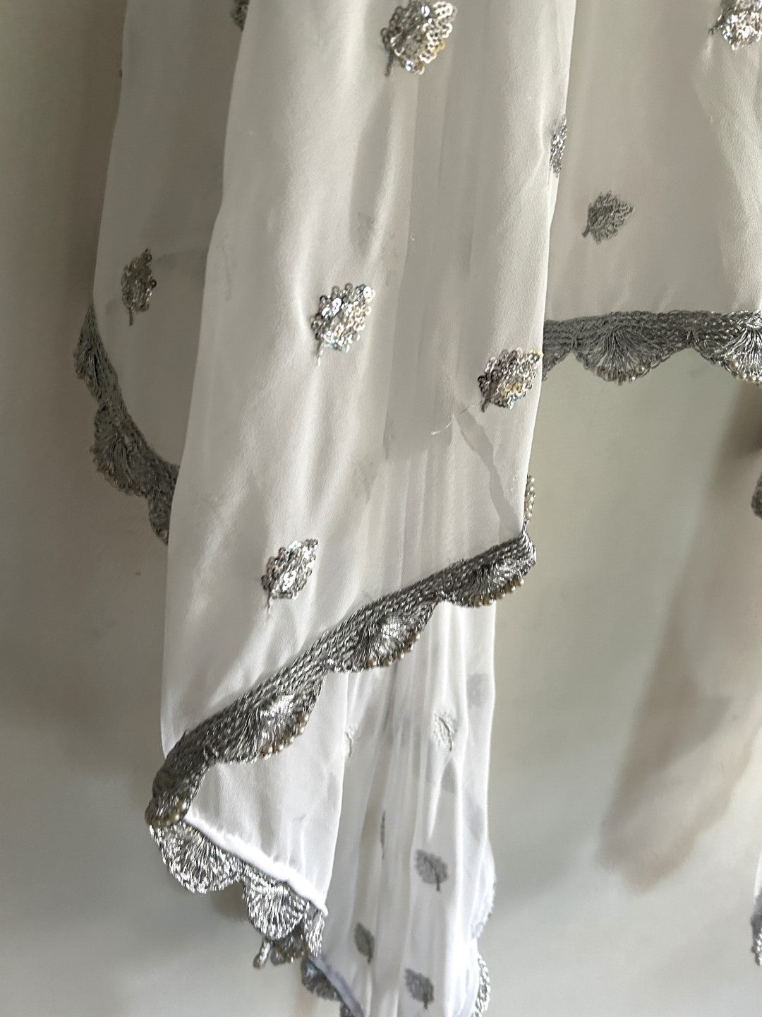 White Georgette dupatta with silver border and embroidery - Neel Creations By Saanvi
