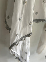 White Georgette dupatta with silver border and embroidery - Neel Creations By Saanvi
