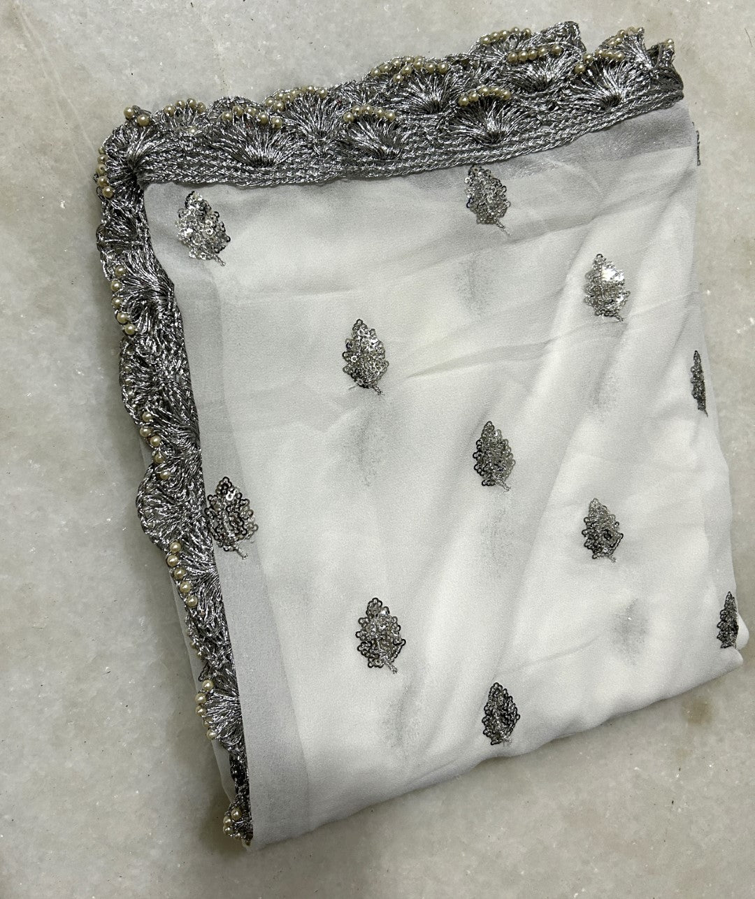 White Georgette dupatta with silver border and embroidery - Neel Creations By Saanvi